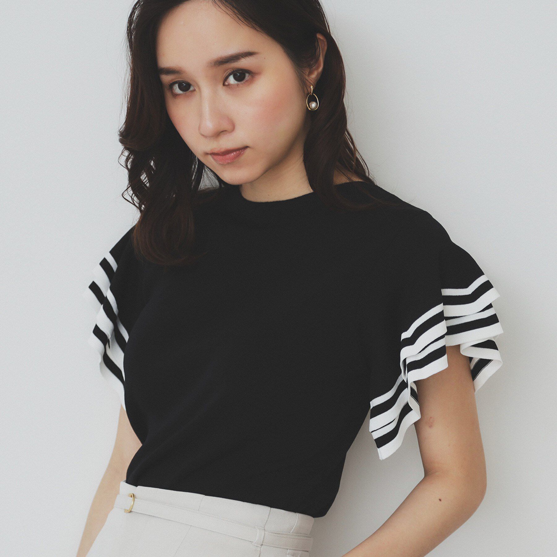 index「ボーダーフリルスリーブニット【洗濯機洗い可】」|ニット・セーター|