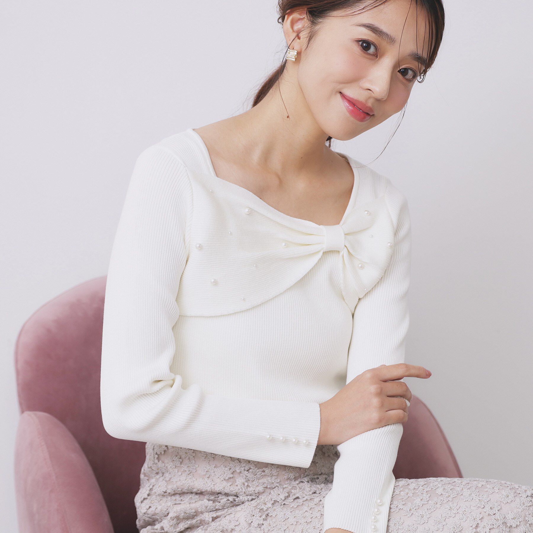 index「リボンパール調リブニット【洗濯機OK】」|ニット・セーター|オフホワイト(003