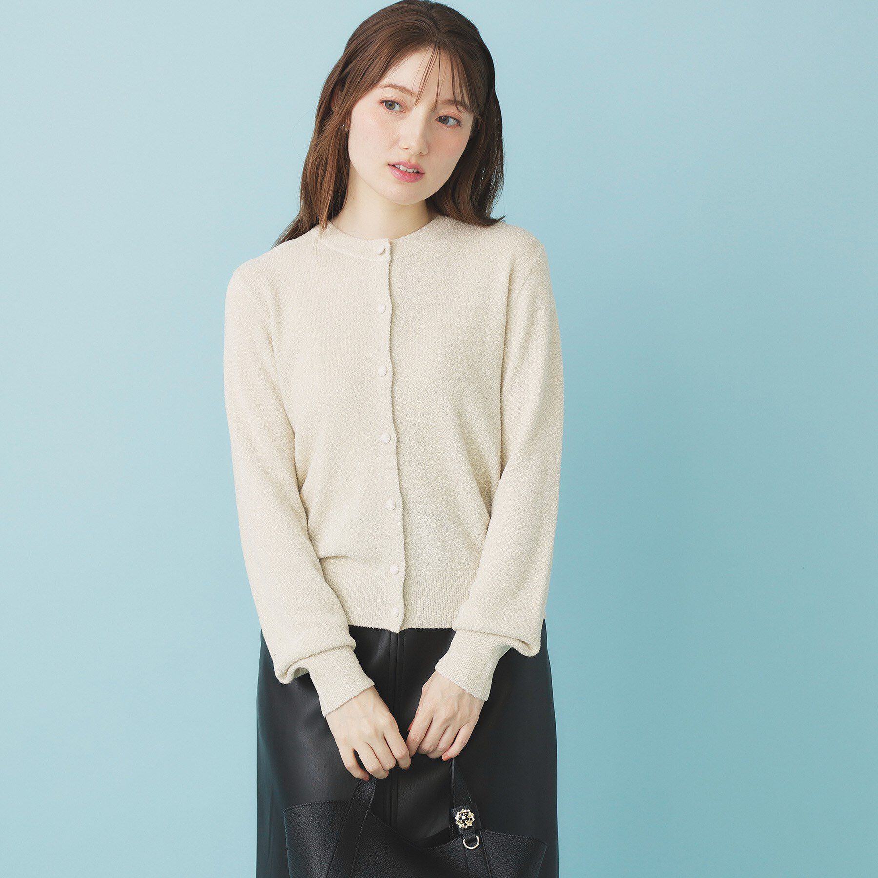 index「ミニモールラメコンパクトクルーカーディガン/アンサンブル対応【洗濯機OK】」|カーディガン|オフホワイト(003