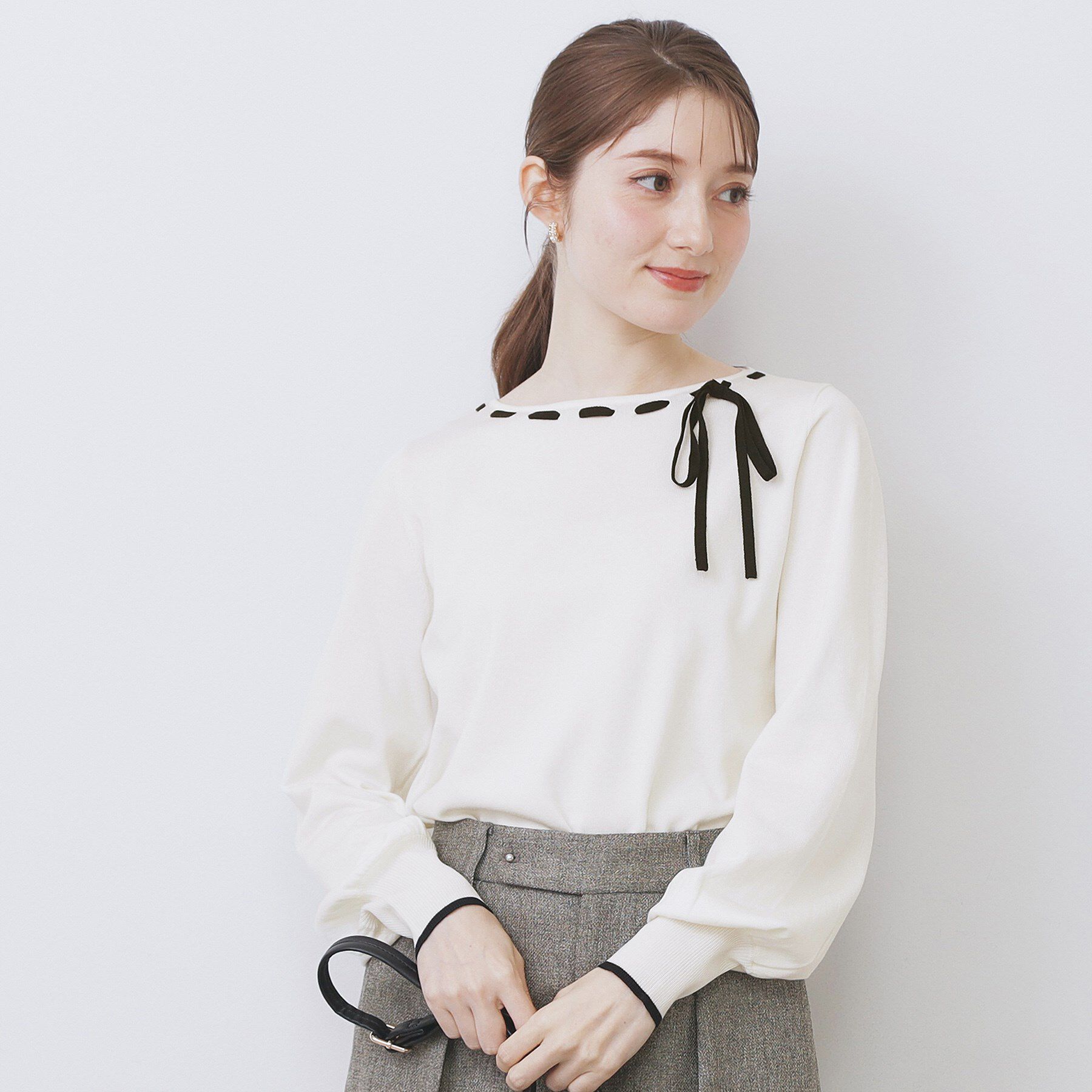 index「はしごリボンバイカラーニット【洗濯機OK】」|ニット・セーター|オフホワイト(503