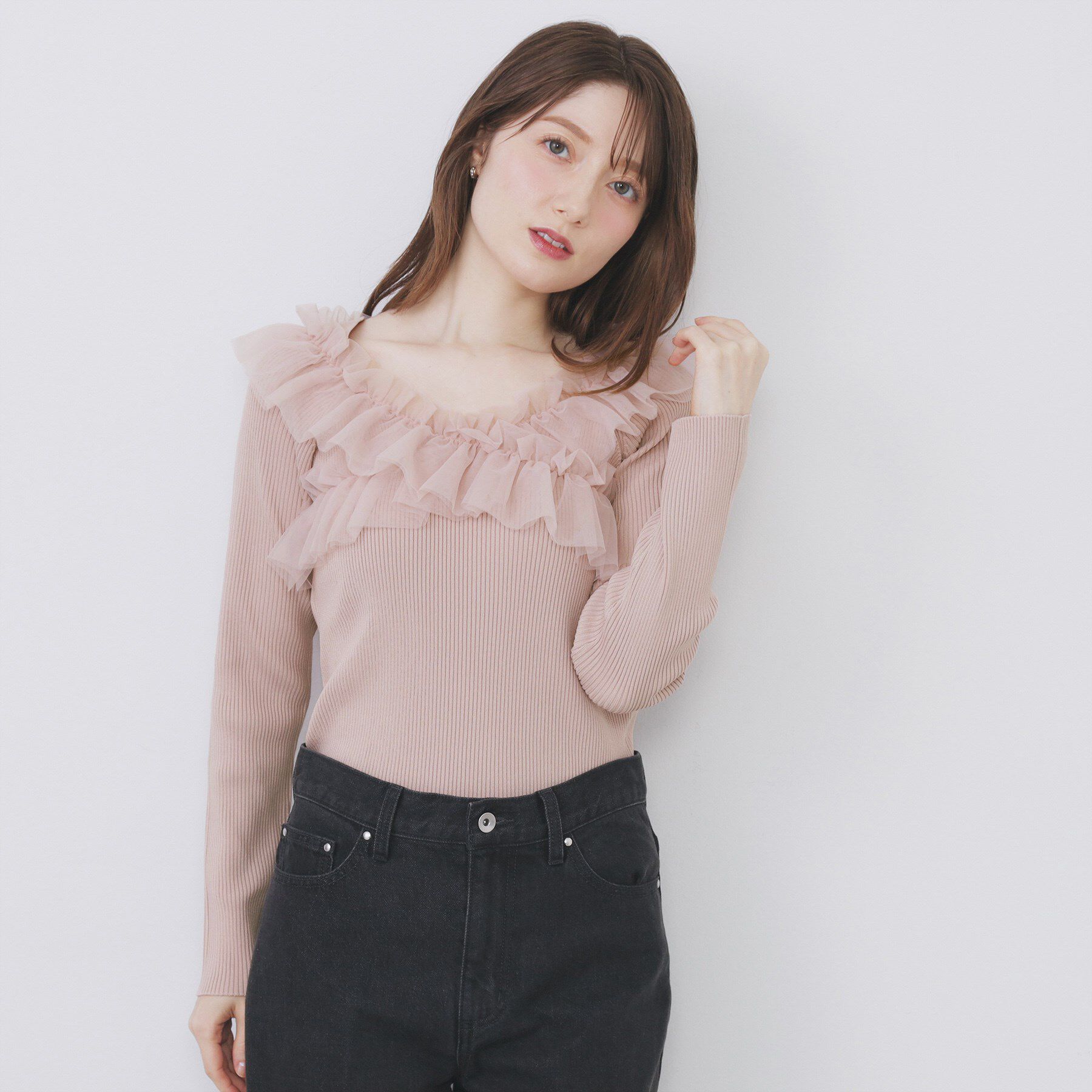 index「クロスチュールフリルリブニット【洗濯機OK/抗ピル】」|ニット・セーター|ピンク(071)