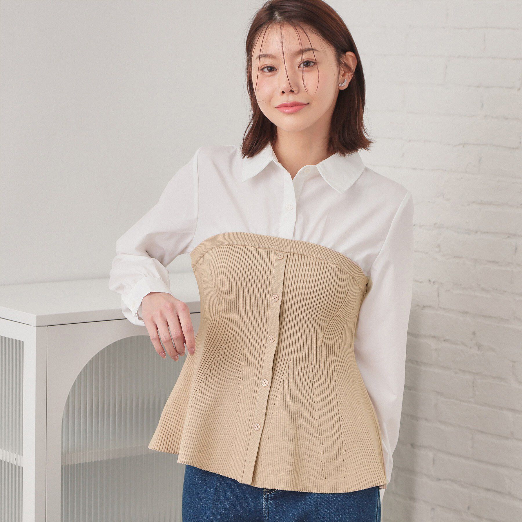index「シャツドッキングペプラムニット【洗濯機OK】」|ニット・セーター|ライトベージュ(55