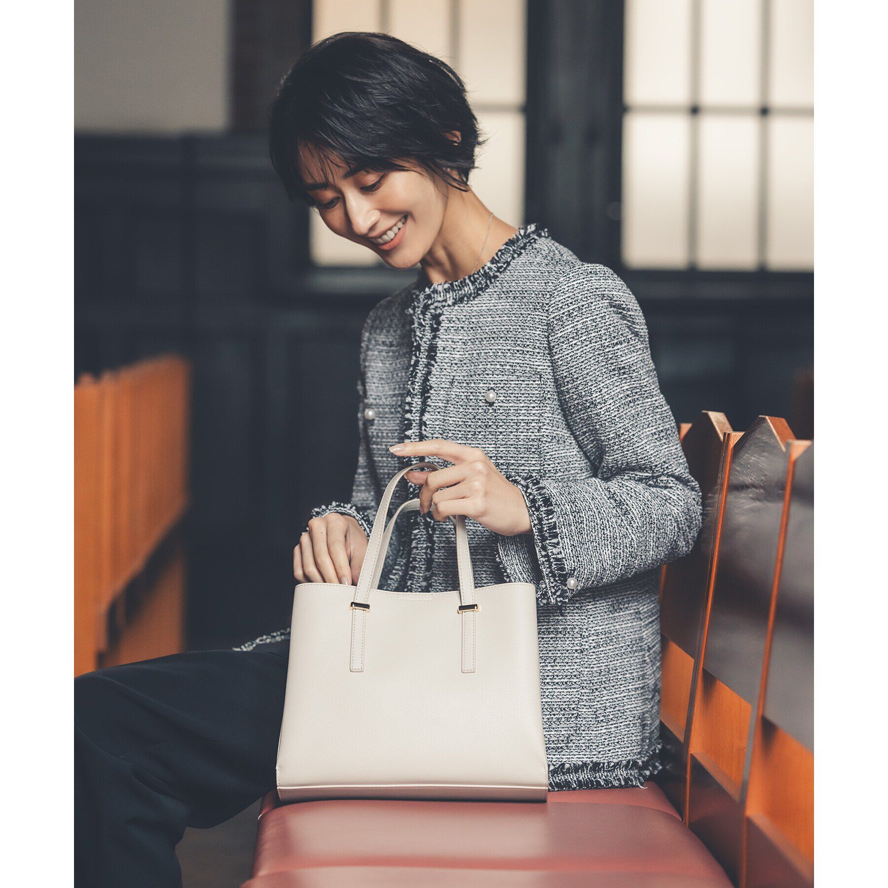 OPAQUE.CLIP「《通勤・セレモニー対応》コットンツイードミドルジャケット」|ノーカラージャケット|