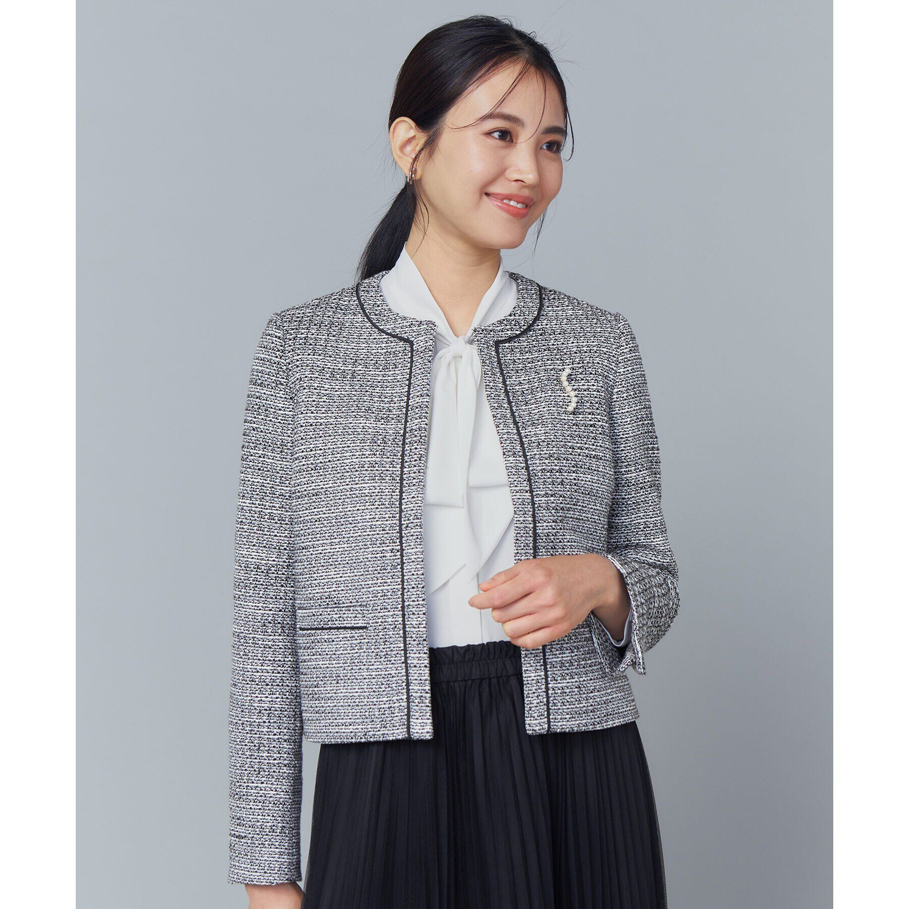 OPAQUE.CLIP「《通勤・セレモニー対応》コットンツイードジャケット」|ノーカラージャケット|