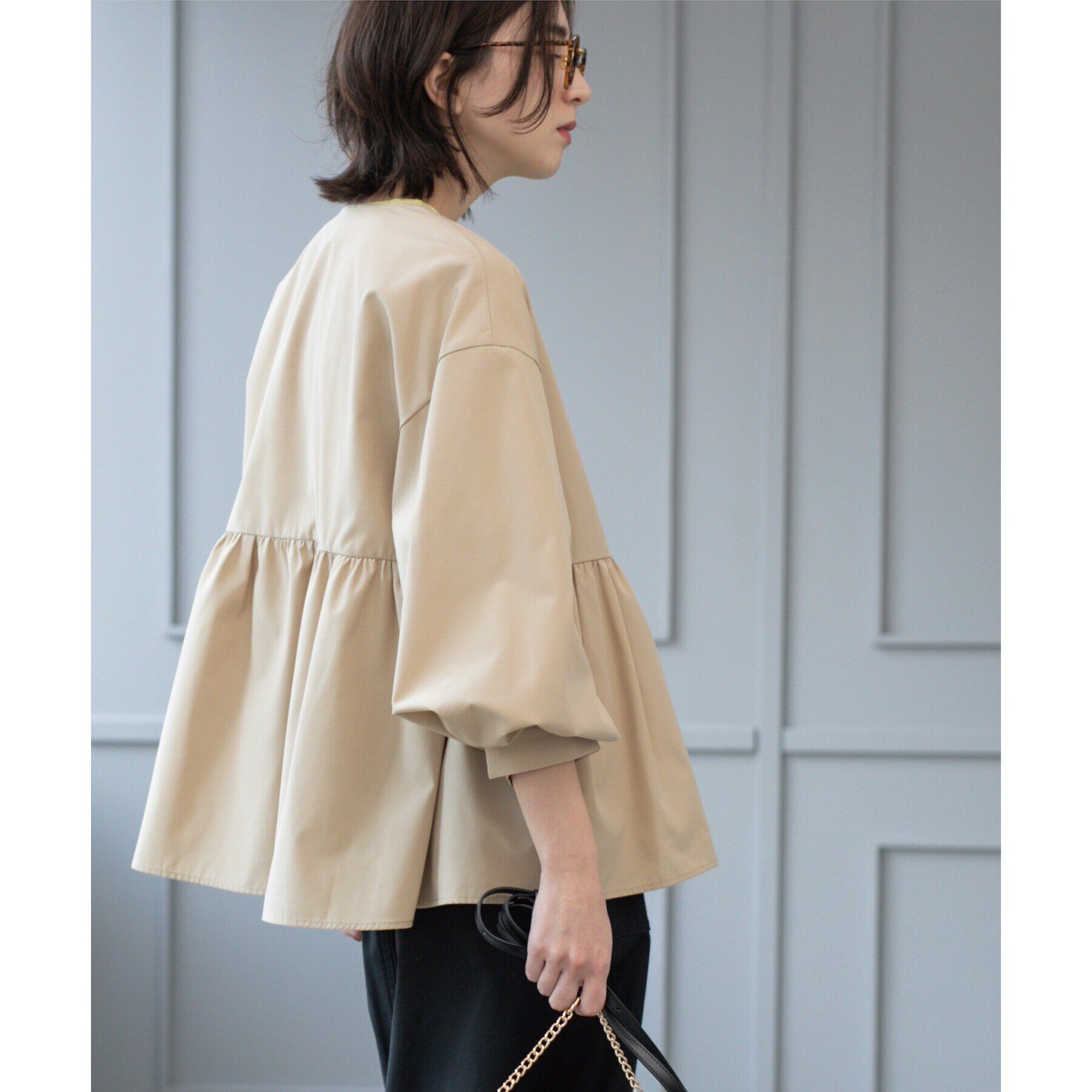 OPAQUE.CLIP「撥水ノーカラーペプラムブルゾン【洗濯機洗い可/花粉対応】」|ノーカラージャケット|