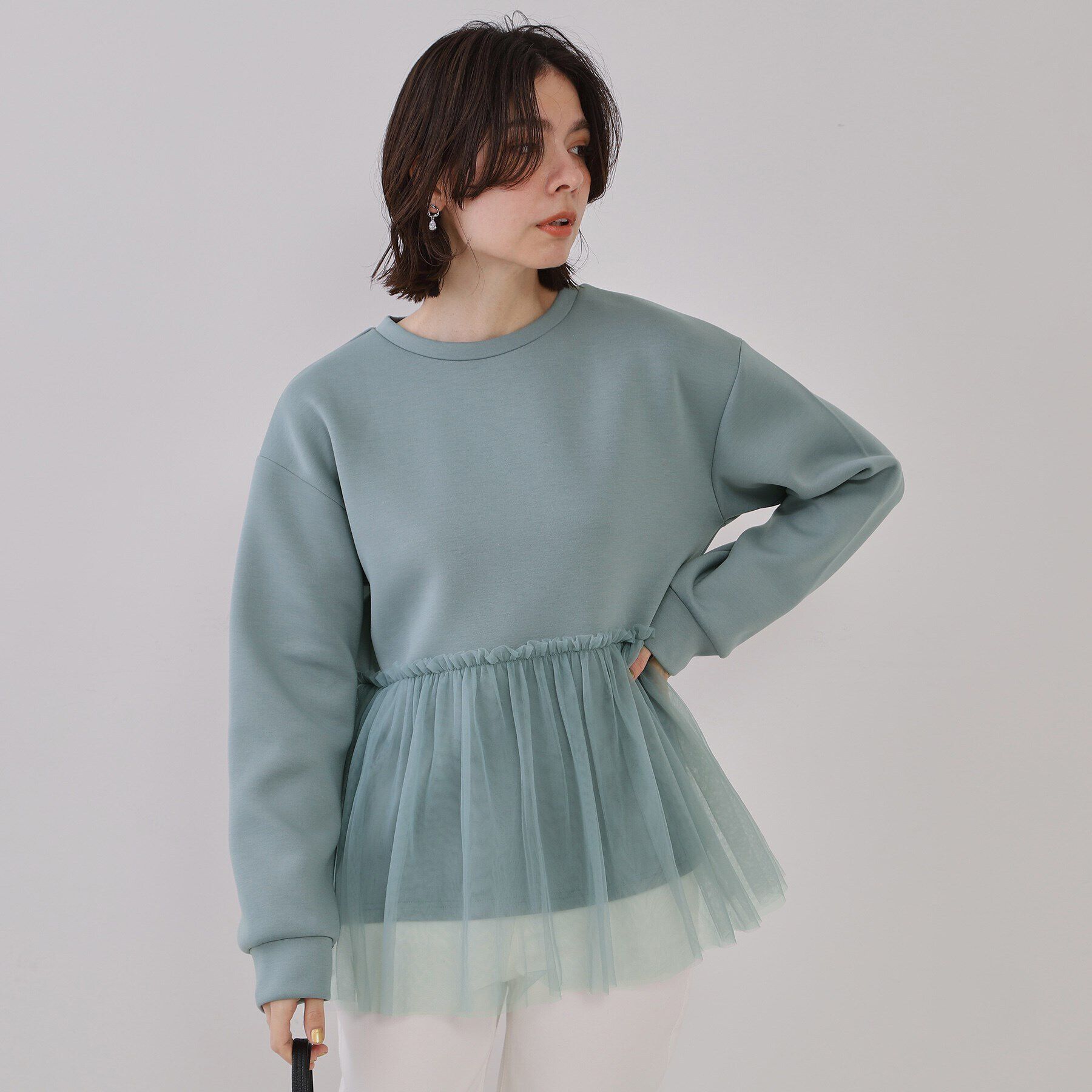 OPAQUE.CLIP「チュールドッキングペプラムトップス【洗濯機洗い可】」|Tシャツ・カットソー|ブルー(091)