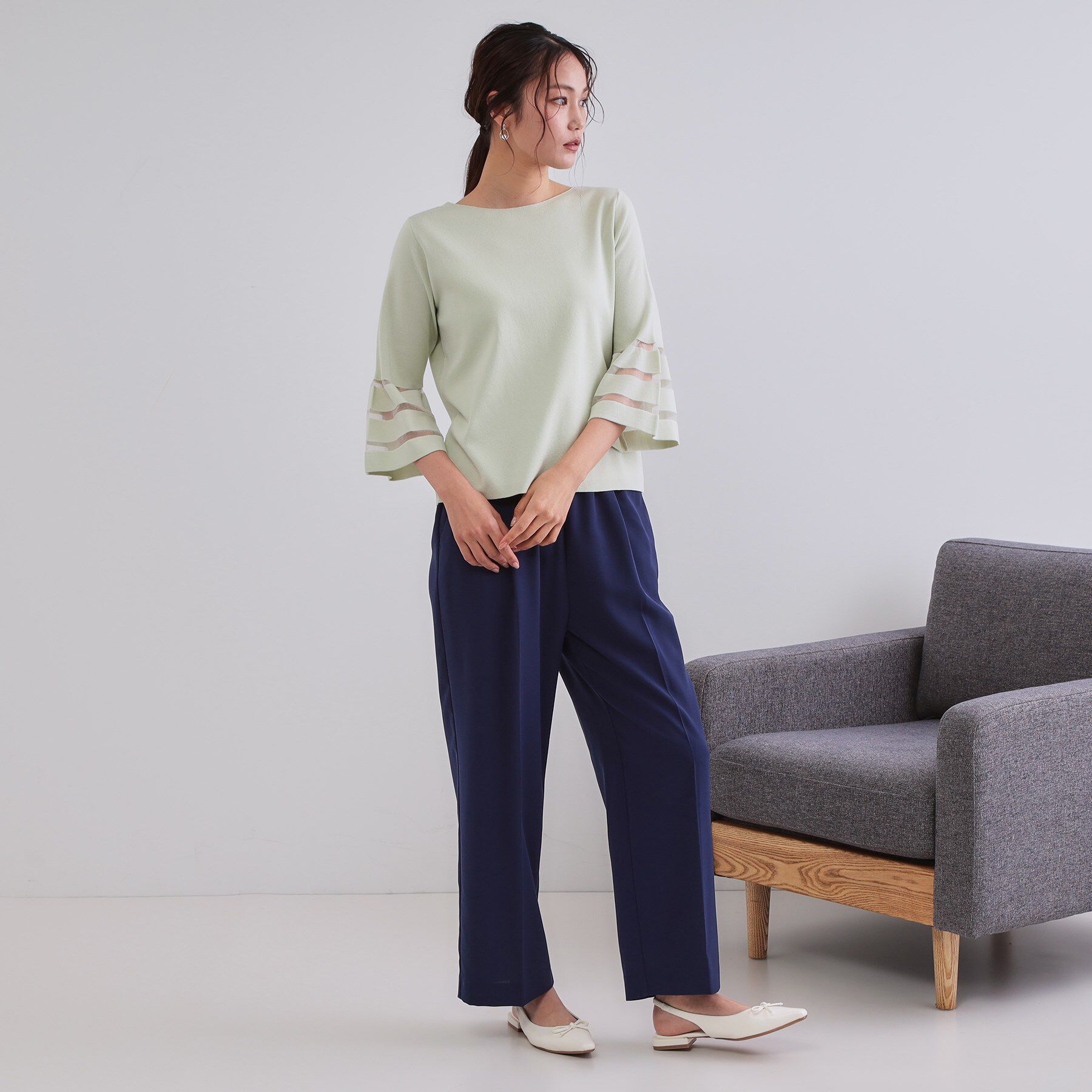 OPAQUE.CLIP「《6色展開》シアーボーダーフレアスリーブニット【洗濯機洗い可】」|ニット・セーター|