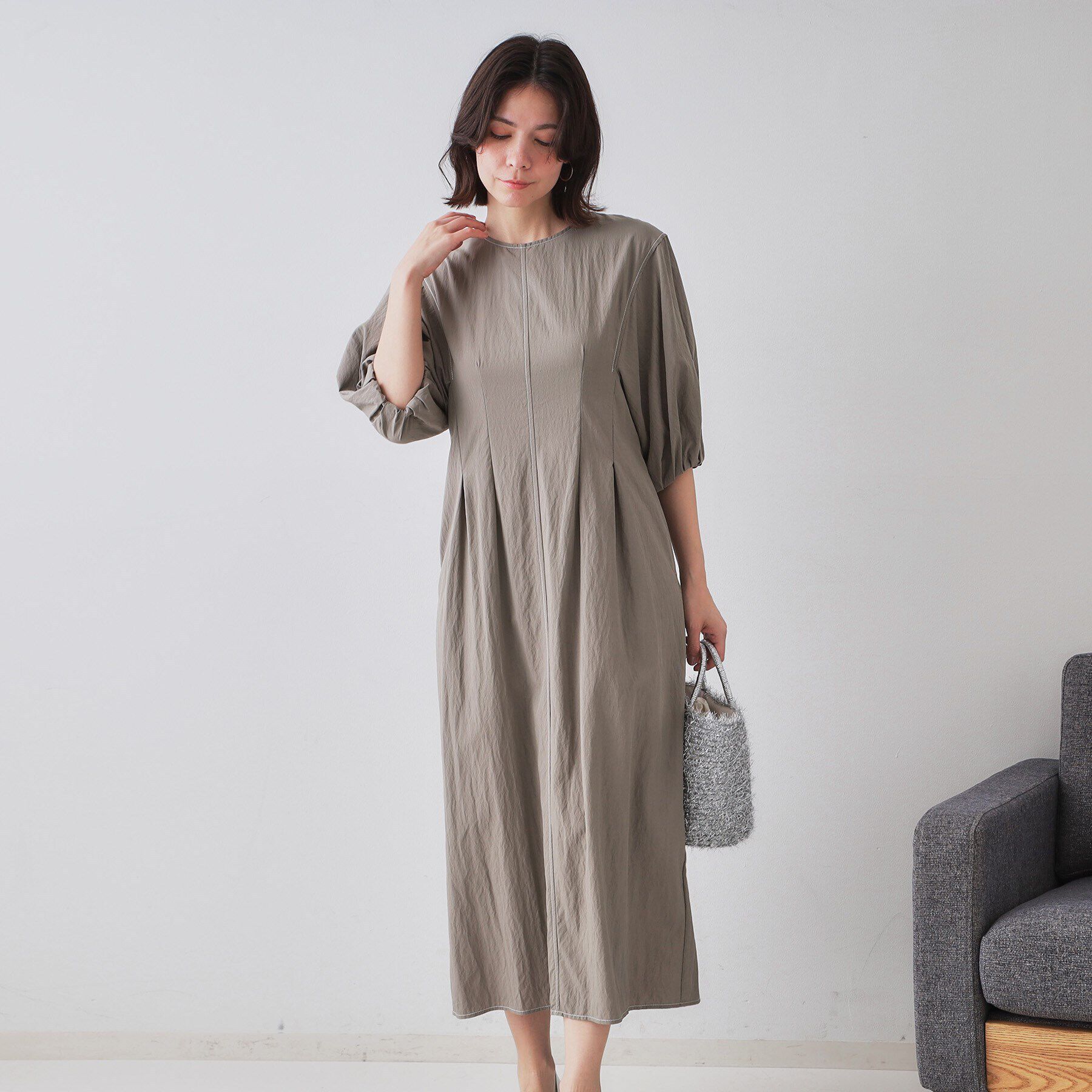 OPAQUE.CLIP「配色ボリュームタックスリーブワンピース【洗濯機洗い可】」|ワンピース|グレー(012)
