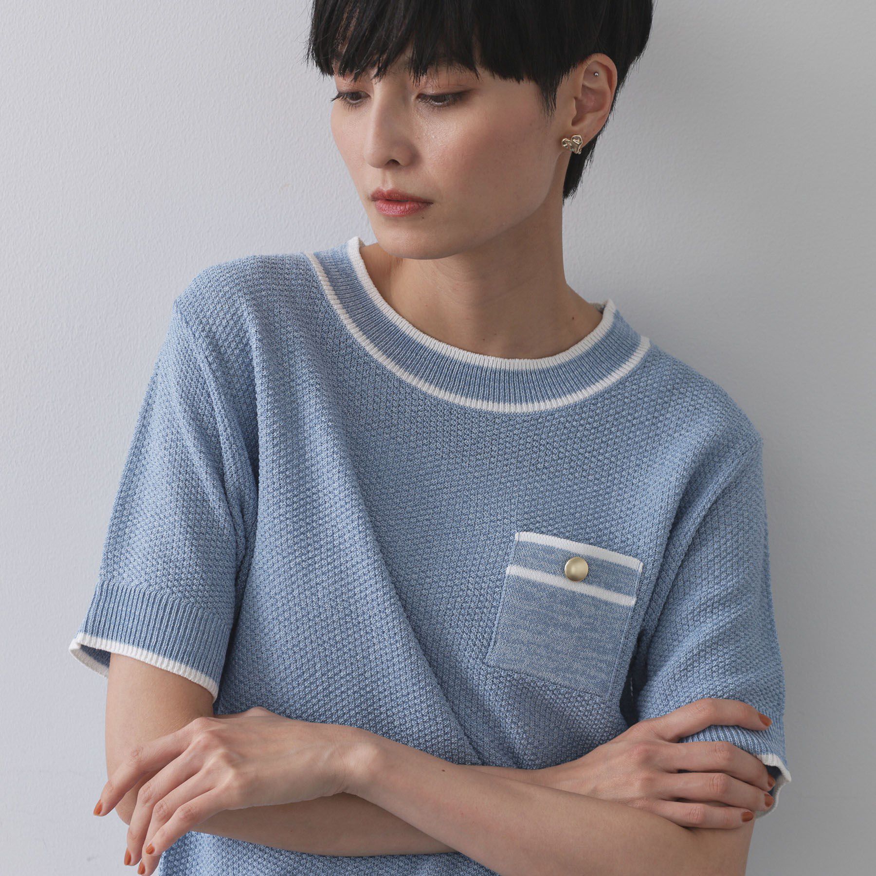 OPAQUE.CLIP「ツイードライクポケット付きニット【洗濯機洗い可/抗ピル】」|ニット・セーター|ブルー(091)