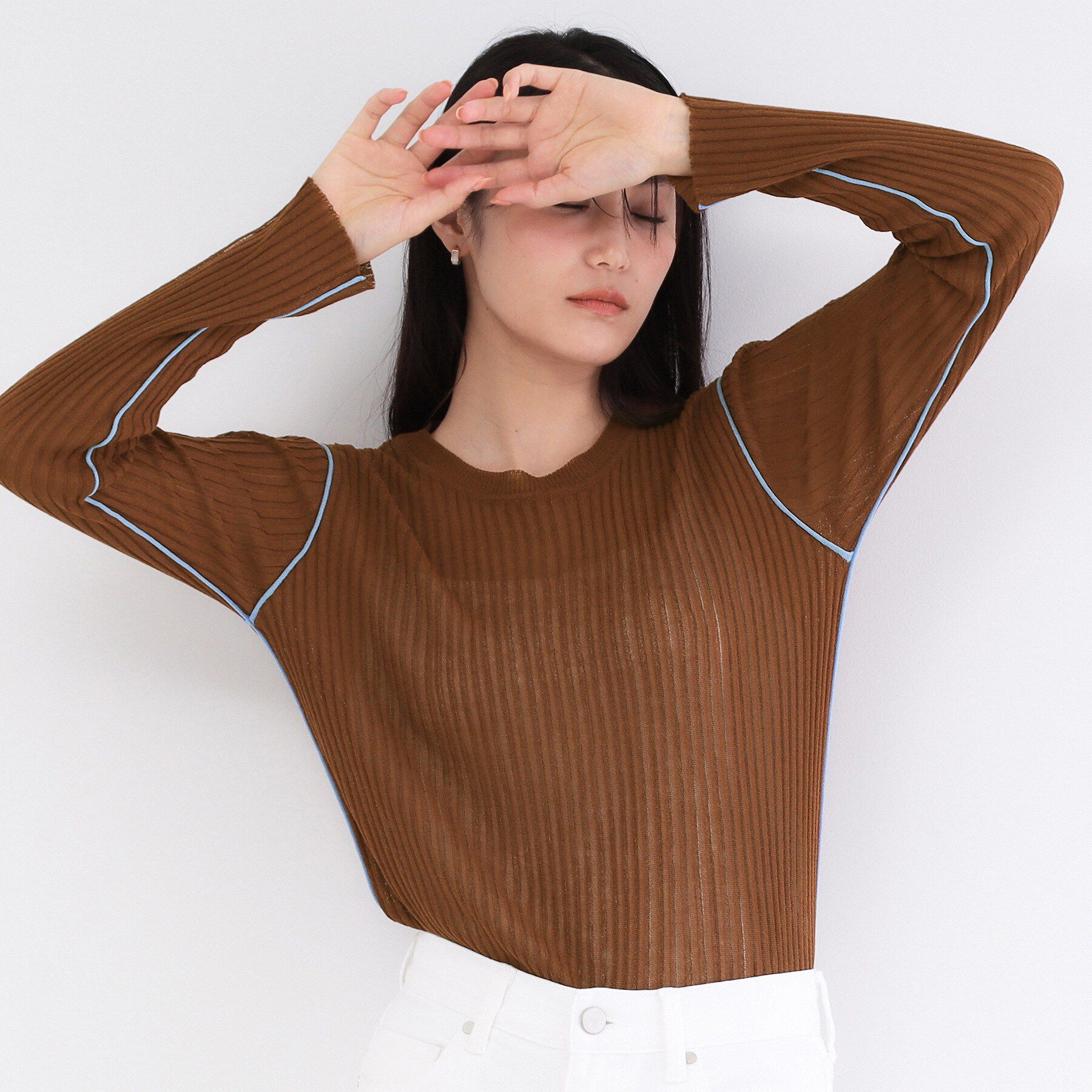 OPAQUE.CLIP「シアー配色クルーネックリブニット【洗濯機OK】」|ニット・セーター|モカブラウン(042