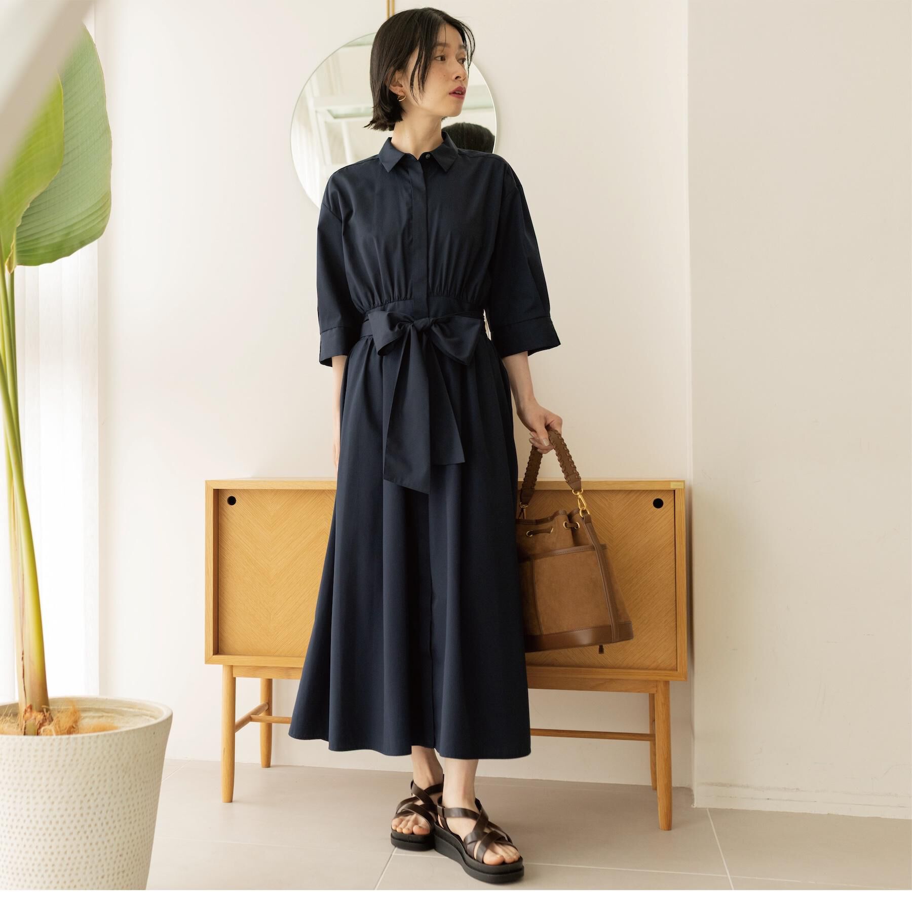 OPAQUE.CLIP「サッシュリボンベルト付きフレアシャツワンピース【洗濯機OK/防シワ加工】」|ワンピース|