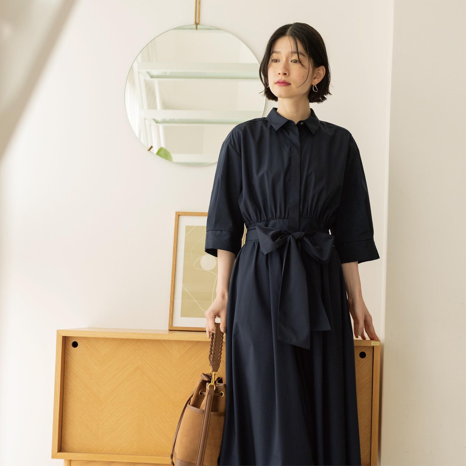 OPAQUE.CLIP「サッシュリボンベルト付きフレアシャツワンピース【洗濯機OK/防シワ加工】」|ワンピース|