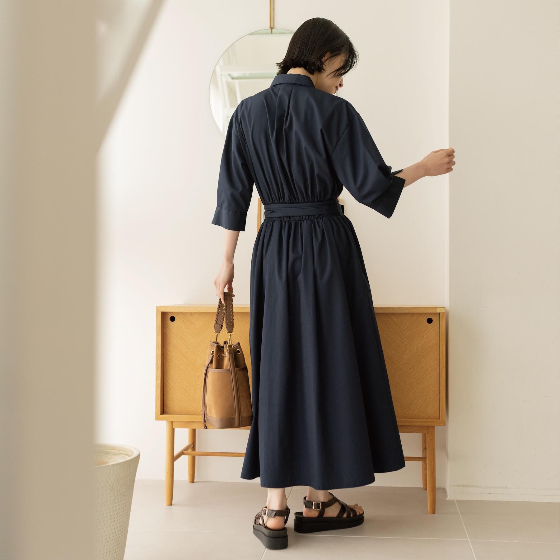 OPAQUE.CLIP「サッシュリボンベルト付きフレアシャツワンピース【洗濯機OK/防シワ加工】」|ワンピース|