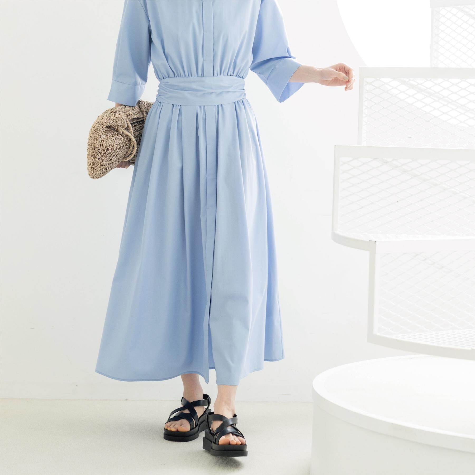 OPAQUE.CLIP「サッシュリボンベルト付きフレアシャツワンピース【洗濯機OK/防シワ加工】」|ワンピース|