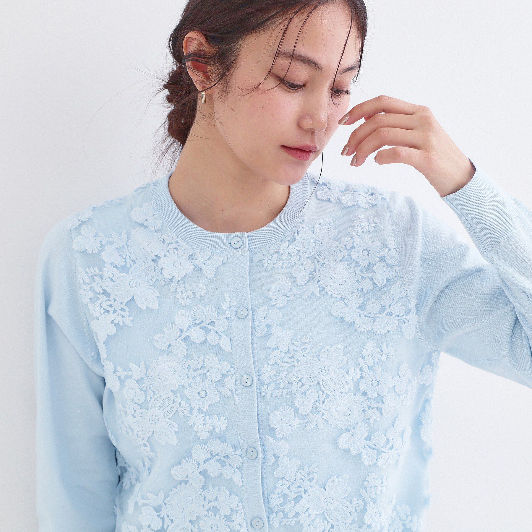 OPAQUE.CLIP「チュールレースニットカーディガン【洗える】」|カーディガン|サックスブルー(09