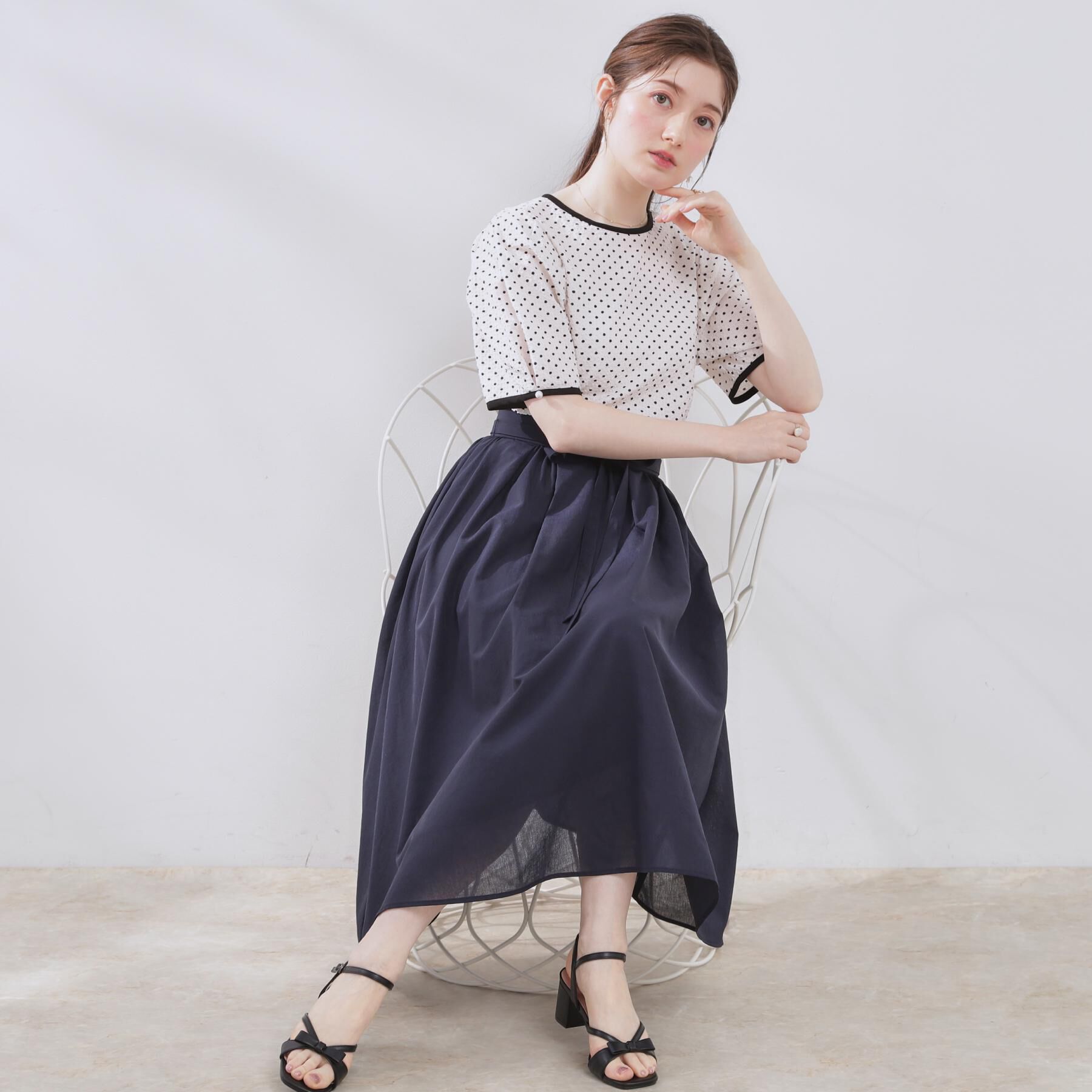 Couture broach「【きれいめ・通勤】細リボン付きパレットボイルスカート」|スカート|ネイビー(094)