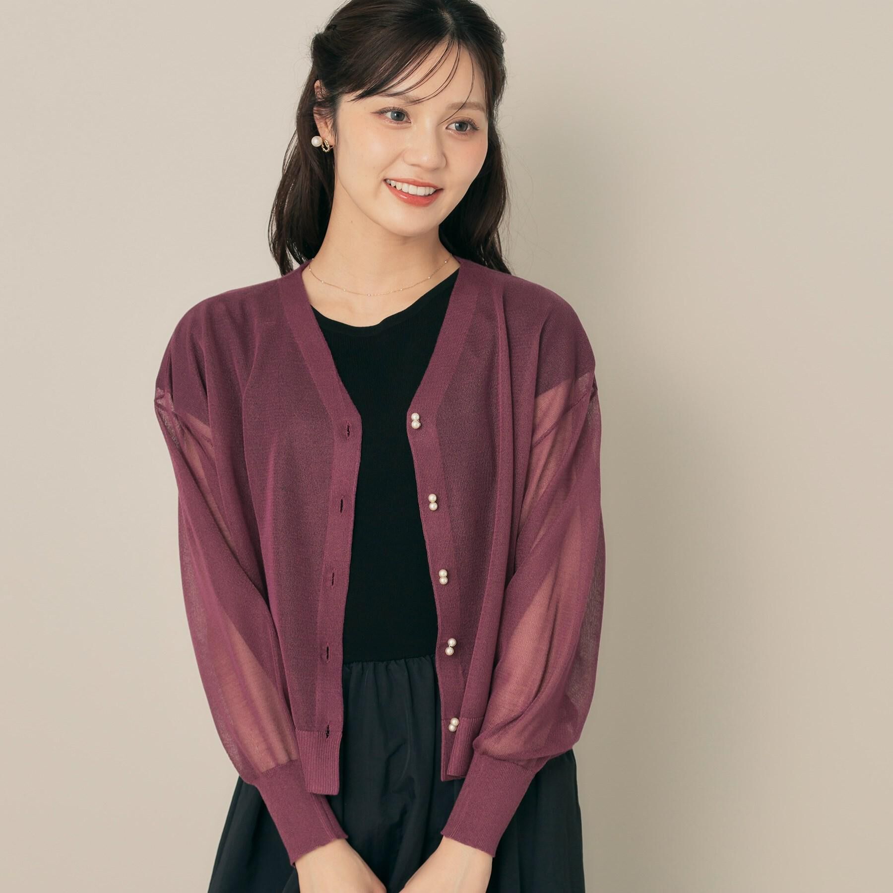Couture broach「【秋カラー・オシャレな透け感】ダブルパール調シアーカーディガン」|カーディガン|