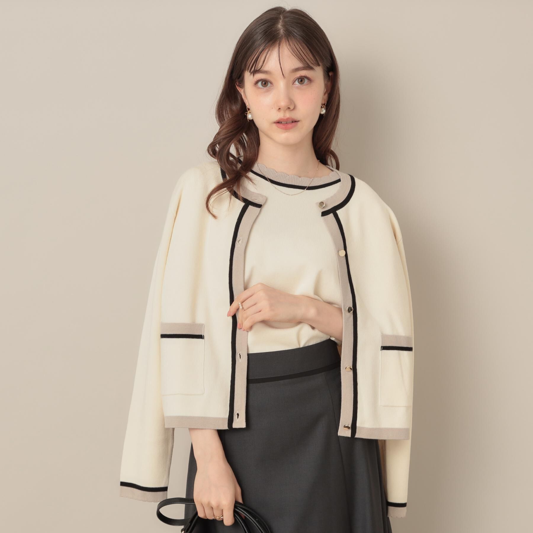 Couture broach「【5分袖・華奢見え・通勤】配色スカラ5分袖ニット」|ニット・セーター|