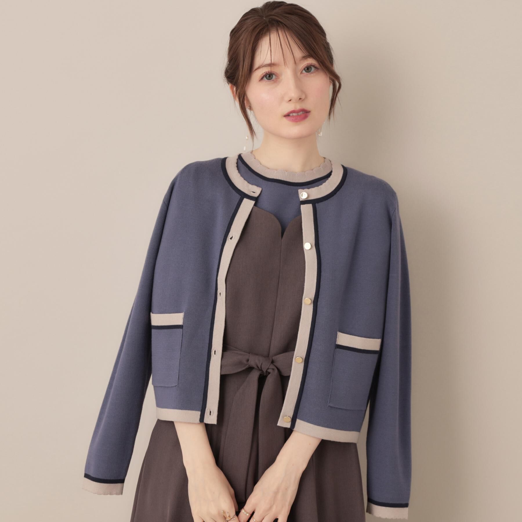 Couture broach「【高見え・通勤・大人可愛い】配色総針スカラカーディガン」|カーディガン|ブルー(093)