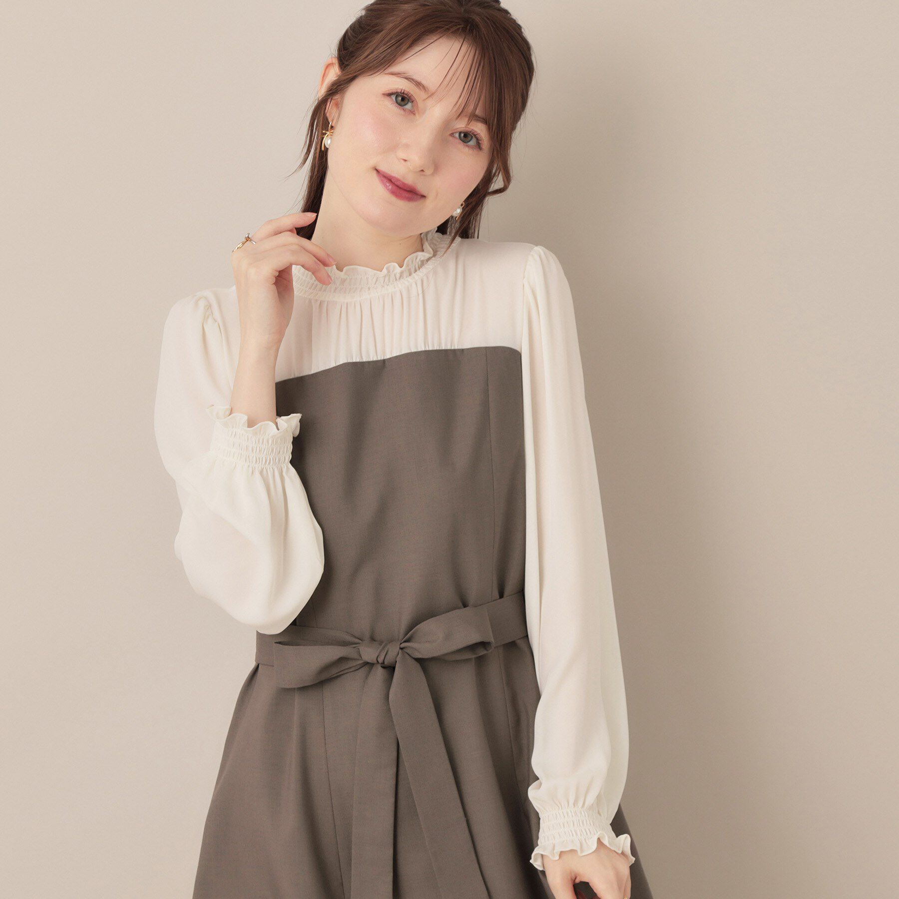 Couture broach「【レイヤード風・きれいめ・通勤】ドッキングベアワンピース」|ワンピース|モカブラウン(542