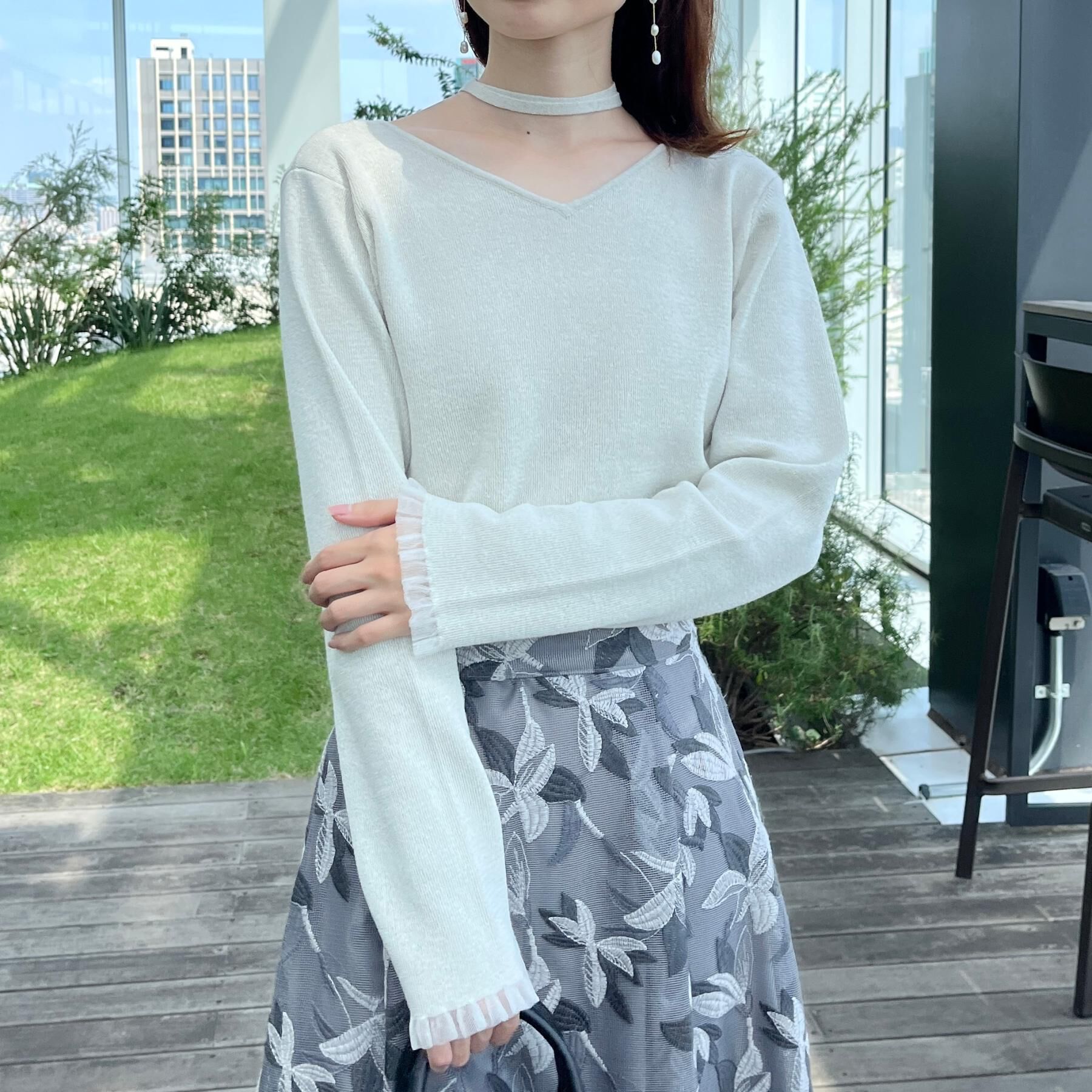 Couture broach「【大人可愛い・リボン取り外し可】前後2WAYラメリブ シアープチフリルニット」|ニット・セーター|