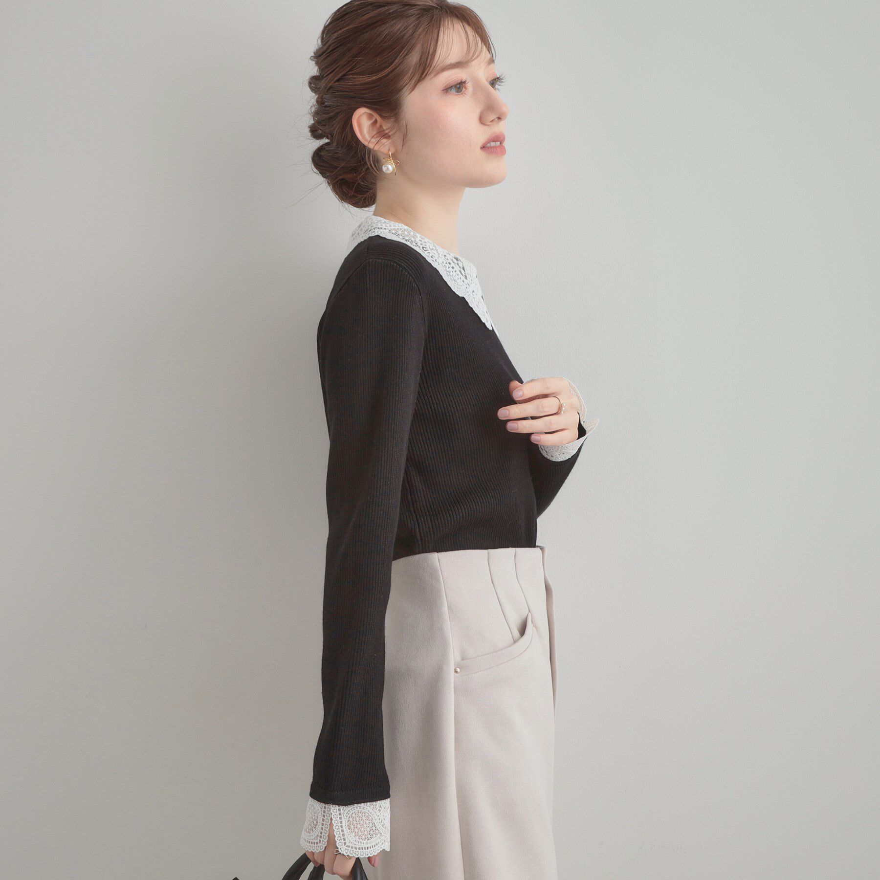 Couture broach「【着映え・フェミニン・通勤】レース衿カフス付きリブニット」|ニット・セーター|