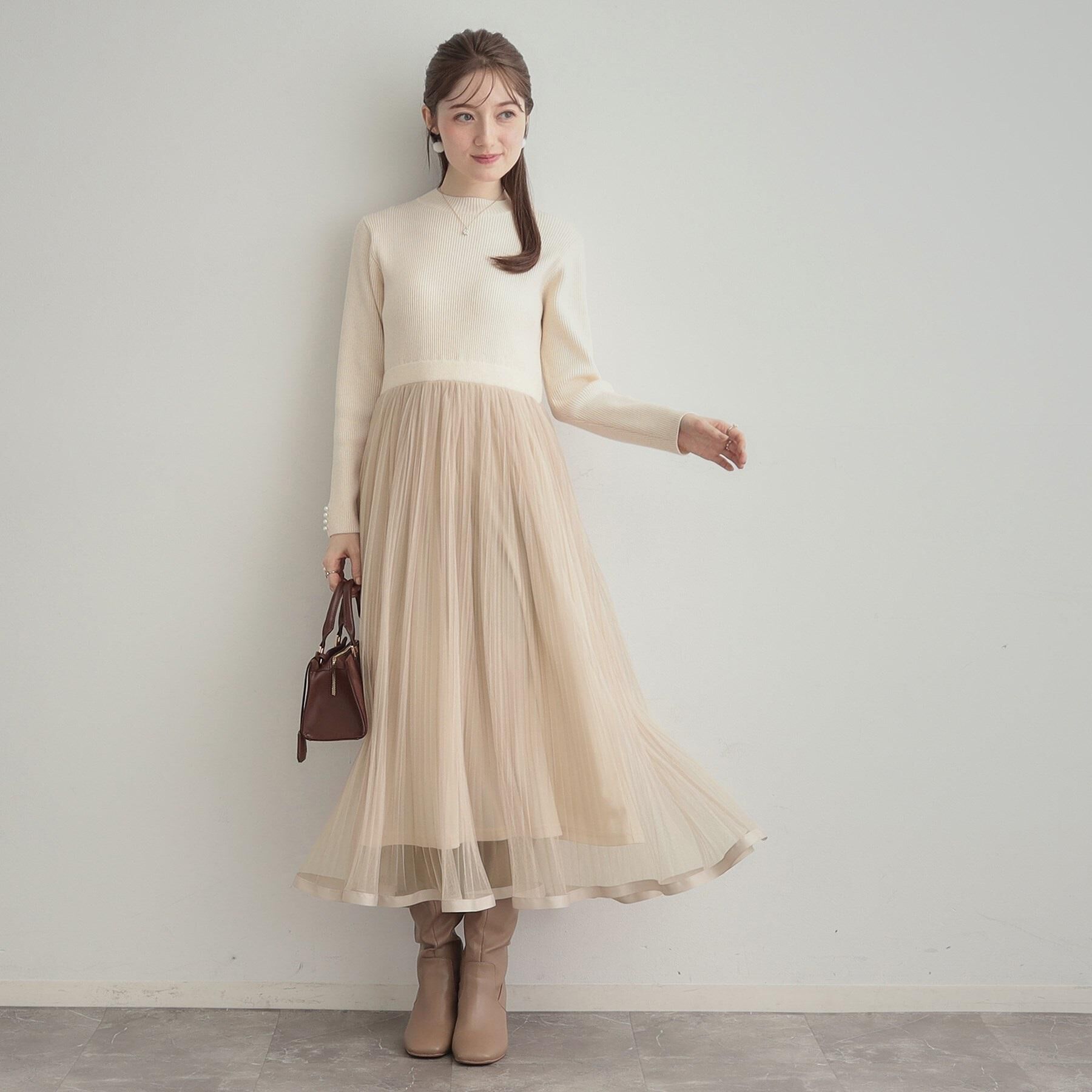 Couture broach「【S-LL/キラキラリブニット】チュールドッキング ワンピース」|ワンピース|