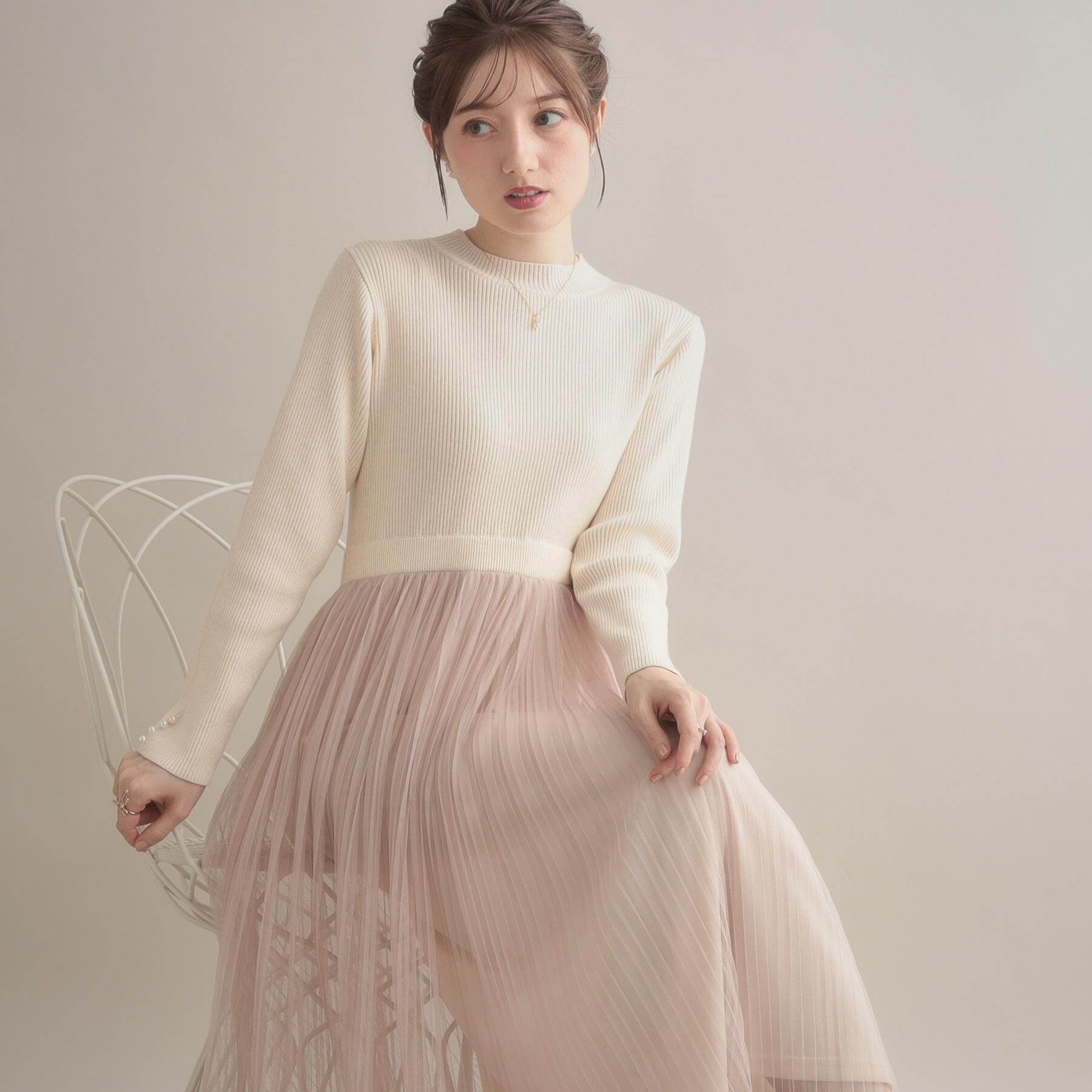 Couture broach「【S-LL/キラキラリブニット】チュールドッキング ワンピース」|ワンピース|