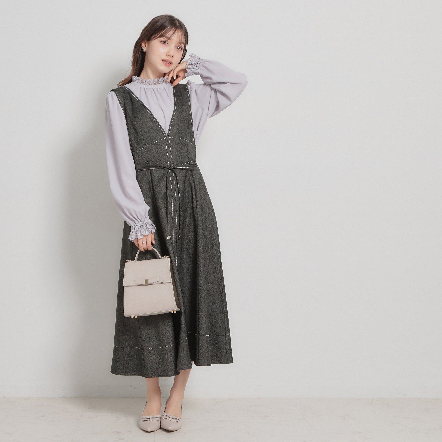 Couture broach「【洗える】デニムライク細リボンジャンスカ」|ワンピース|