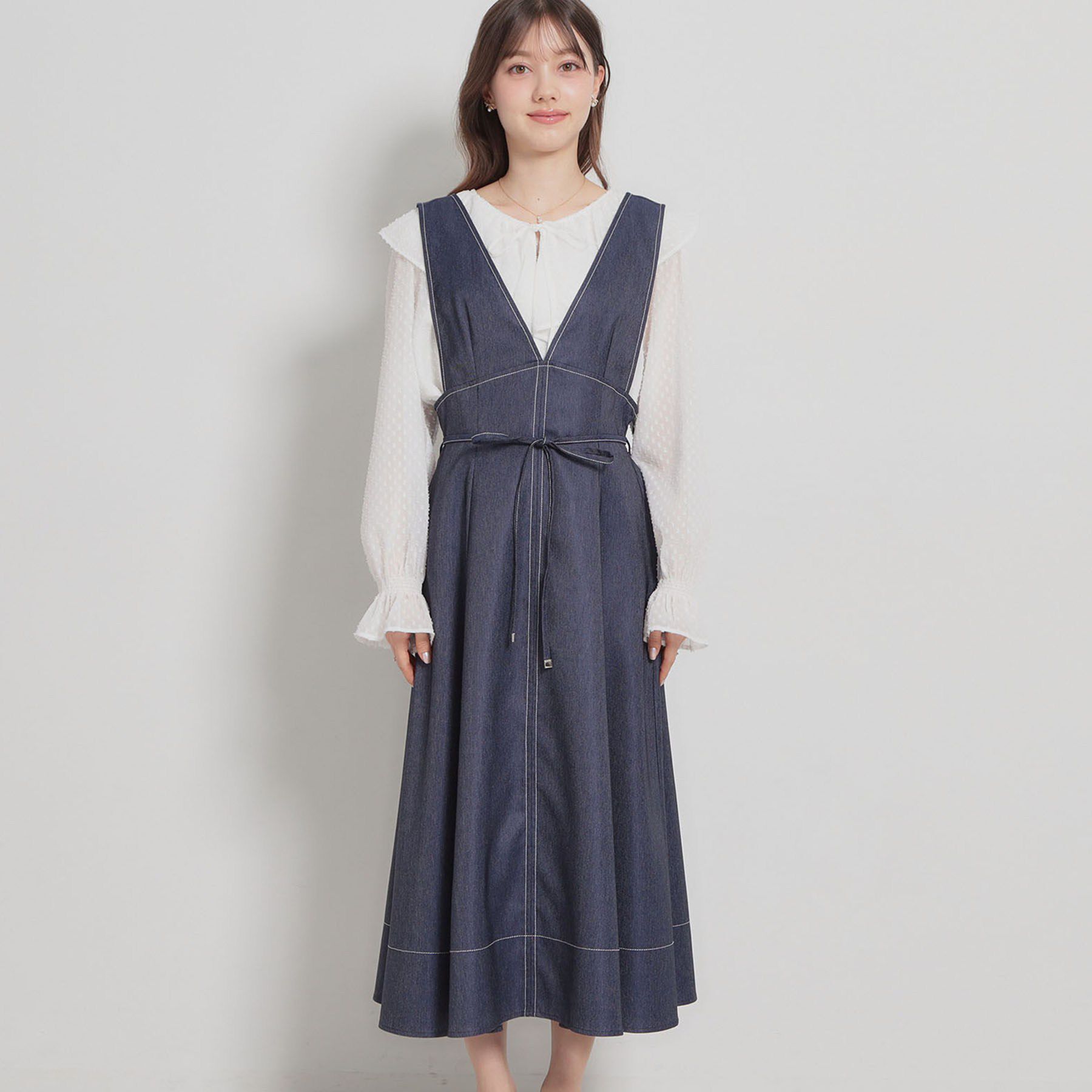 Couture broach「【洗える】デニムライク細リボンジャンスカ」|ワンピース|