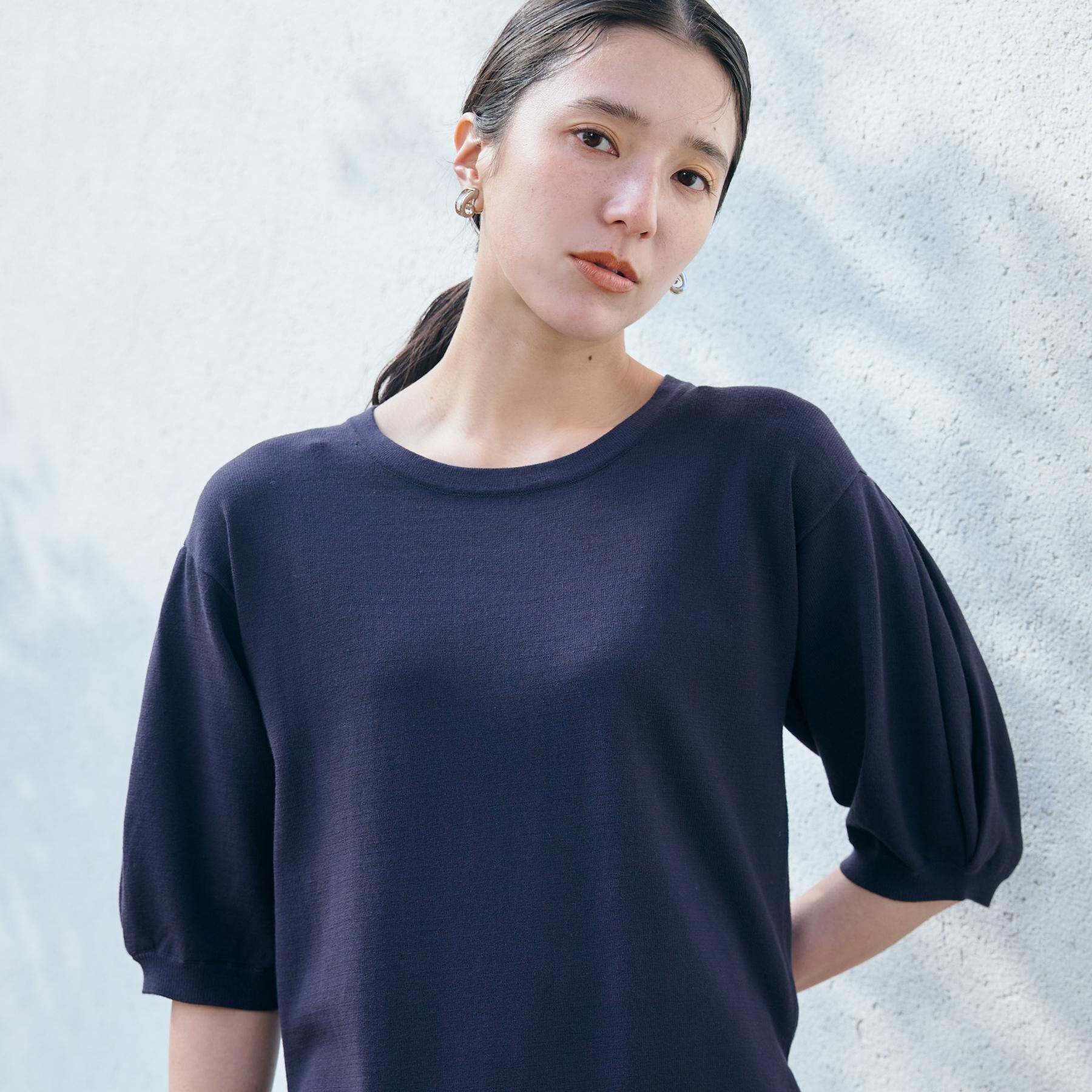 THE SHOP TK「【接触冷感/体型カバー】袖タック6分袖ニット/洗濯機OK/UVケア」|ニット・セーター|