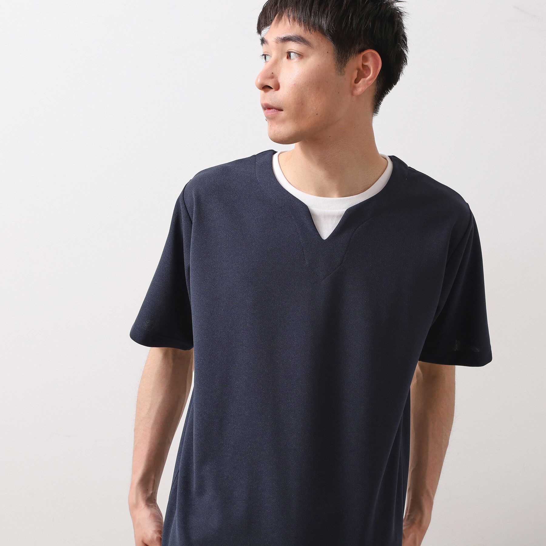 THE SHOP TK「ツイルキーネック半袖Tシャツ 【接触冷感/洗濯機OK】」|Tシャツ・カットソー|ネイビー(094)