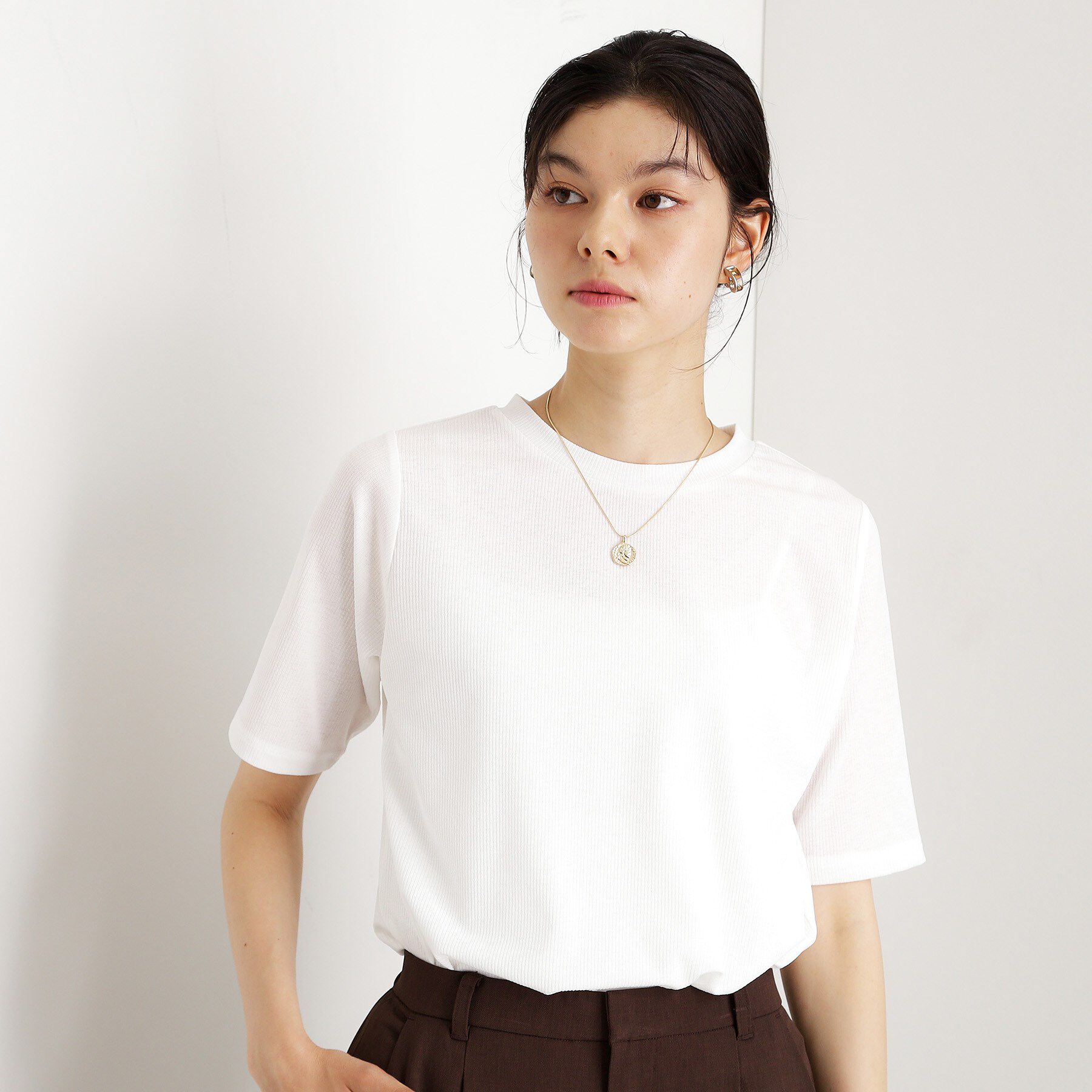 THE SHOP TK「5分袖シアーTシャツ【二の腕カバー/洗濯機OK】」|Tシャツ・カットソー|オフホワイト(003