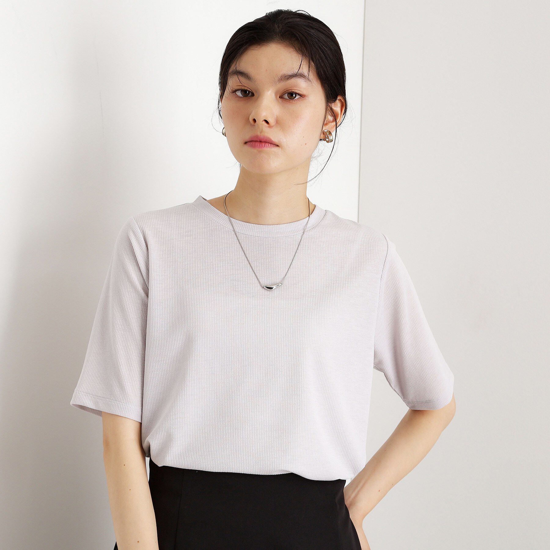 THE SHOP TK「5分袖シアーTシャツ【二の腕カバー/洗濯機OK】」|Tシャツ・カットソー|ライトグレー(011