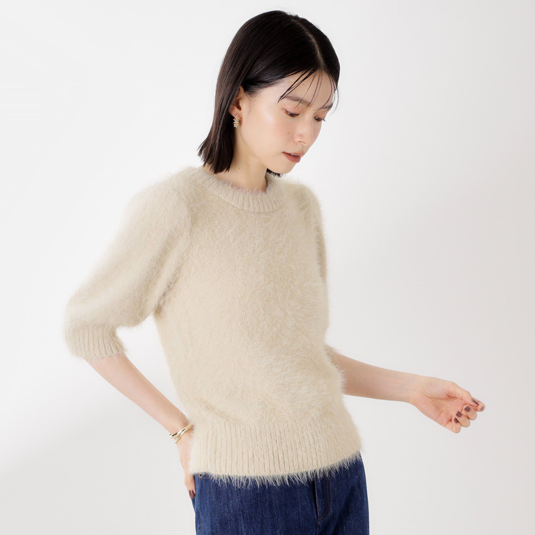 THE SHOP TK「【大人の魅力引き出す】5分袖フェザーニット/洗える」|ニット・セーター|
