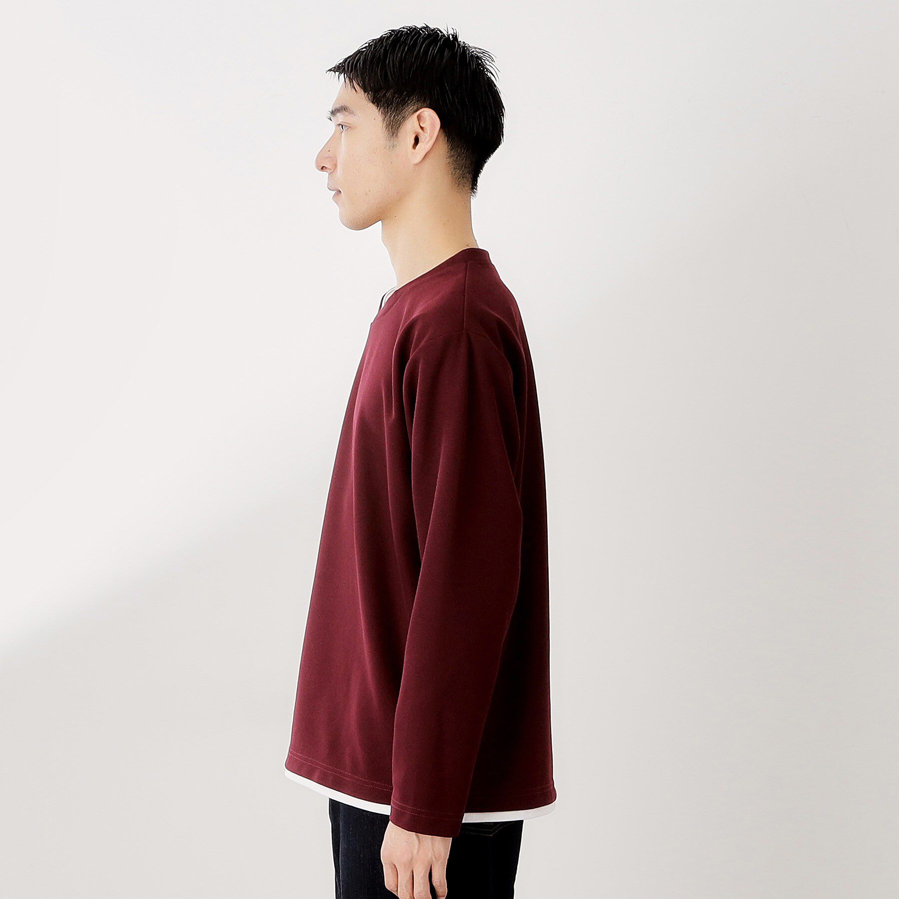 THE SHOP TK「【一枚でコーディネートが完成！】レイヤード風クルーネック長袖Tシャツ　洗濯機OK」|Tシャツ・カットソー|