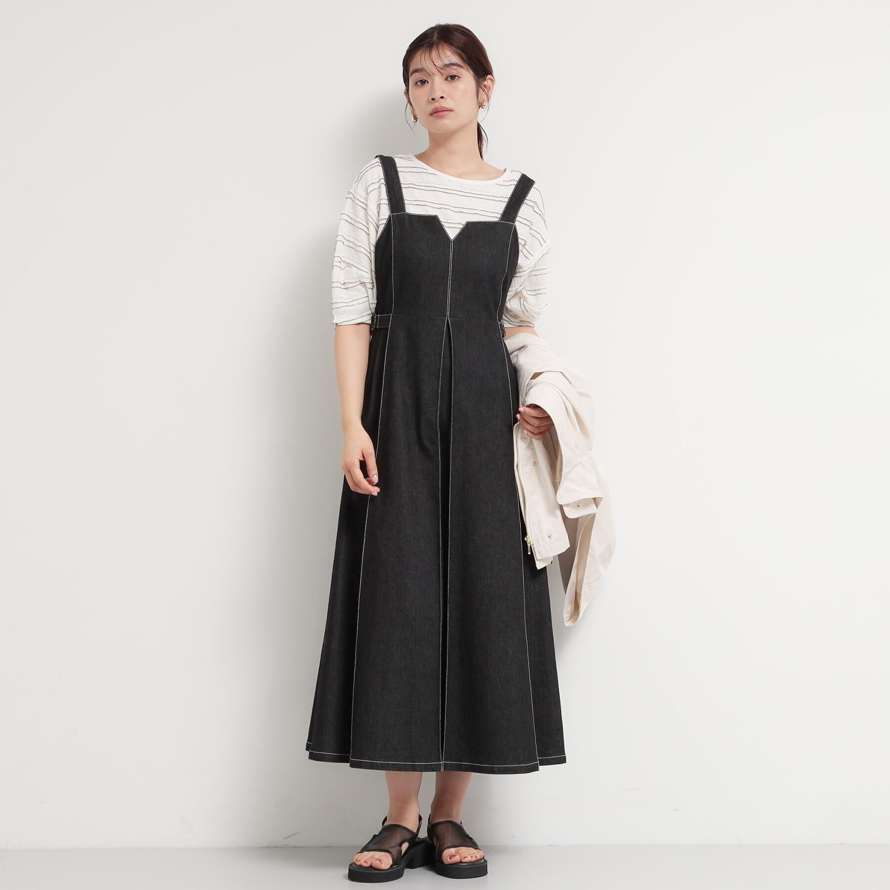 THE SHOP TK「シーズンレスで着られる デニムステッチジャンスカ」|ワンピース|ブラック(019)