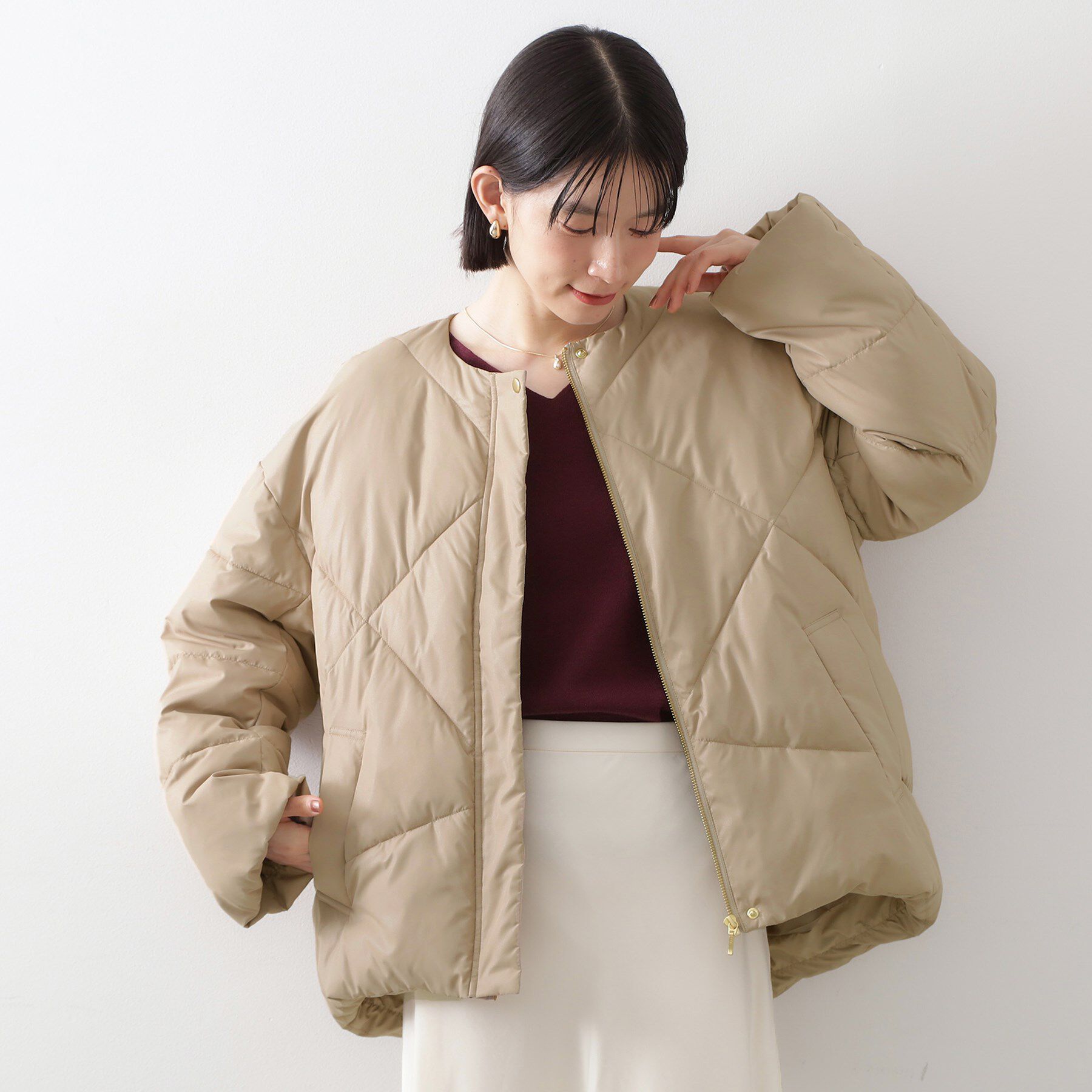 THE SHOP TK「きれいめにもカジュアルにも ノーカラーキルトジャケット」|ダウン|