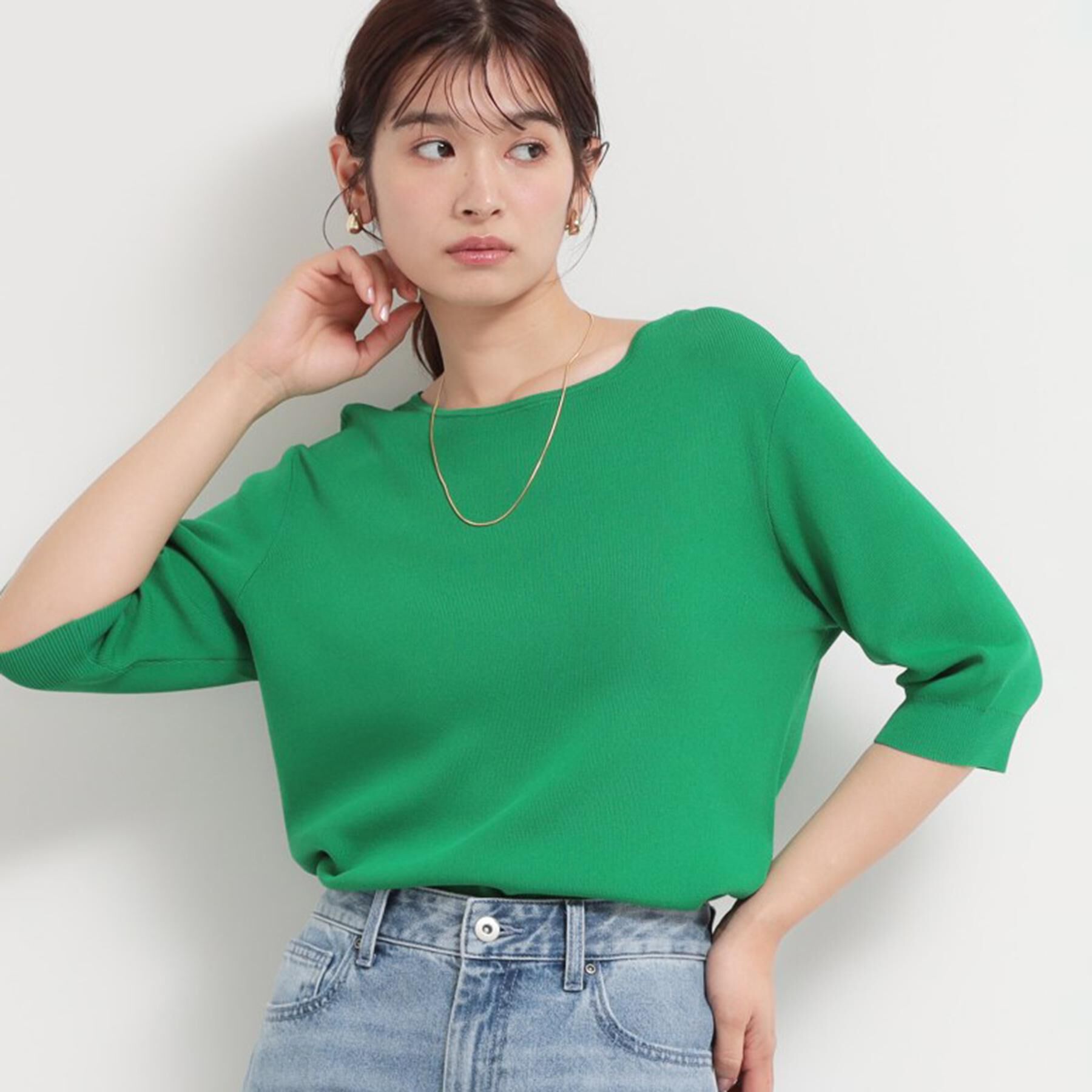 THE SHOP TK「【S-XL/ひんやりタッチ】美しさ際立つ 6分袖ニット 洗濯機OK/UVケア/毛玉になりにくい」|ニット・セーター|