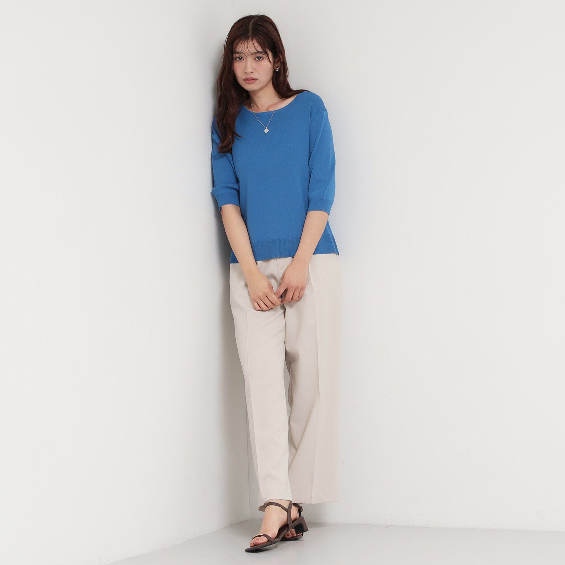 THE SHOP TK「【S-XL/ひんやりタッチ】美しさ際立つ 6分袖ニット 洗濯機OK/UVケア/毛玉になりにくい」|ニット・セーター|