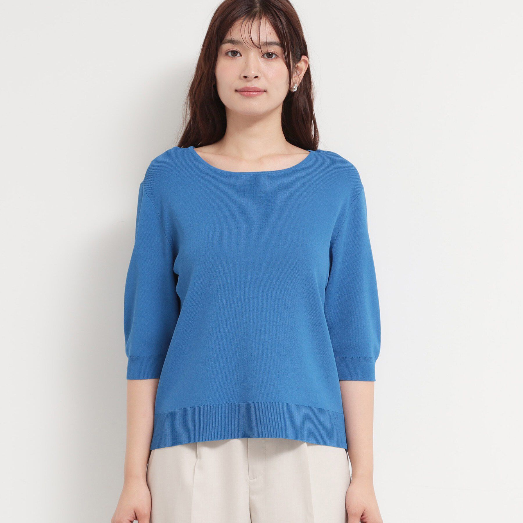 THE SHOP TK「【S-XL/ひんやりタッチ】美しさ際立つ 6分袖ニット 洗濯機OK/UVケア/毛玉になりにくい」|ニット・セーター|