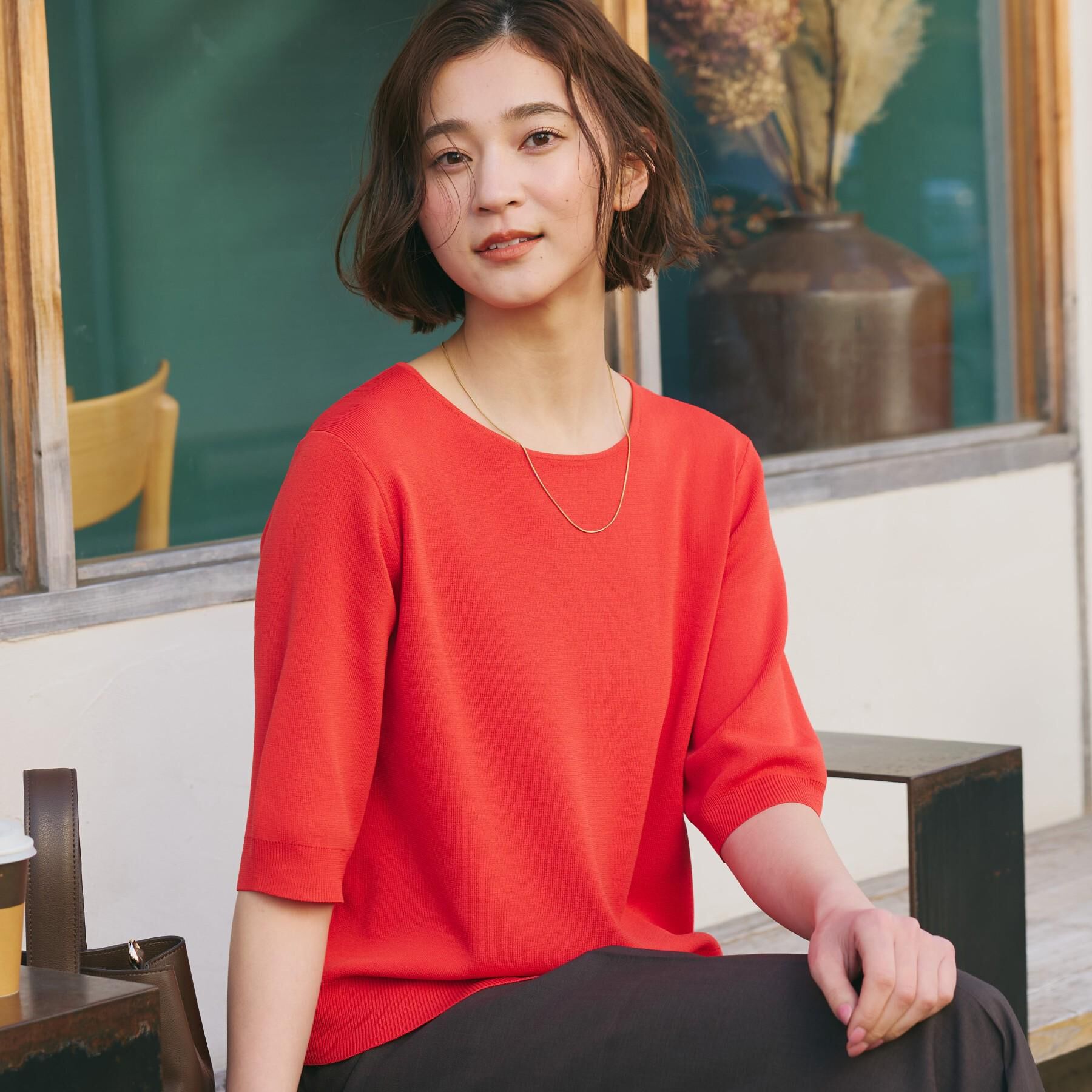THE SHOP TK「【S-XL/ひんやりタッチ】美しさ際立つ 6分袖ニット 洗濯機OK/UVケア/毛玉になりにくい」|ニット・セーター|