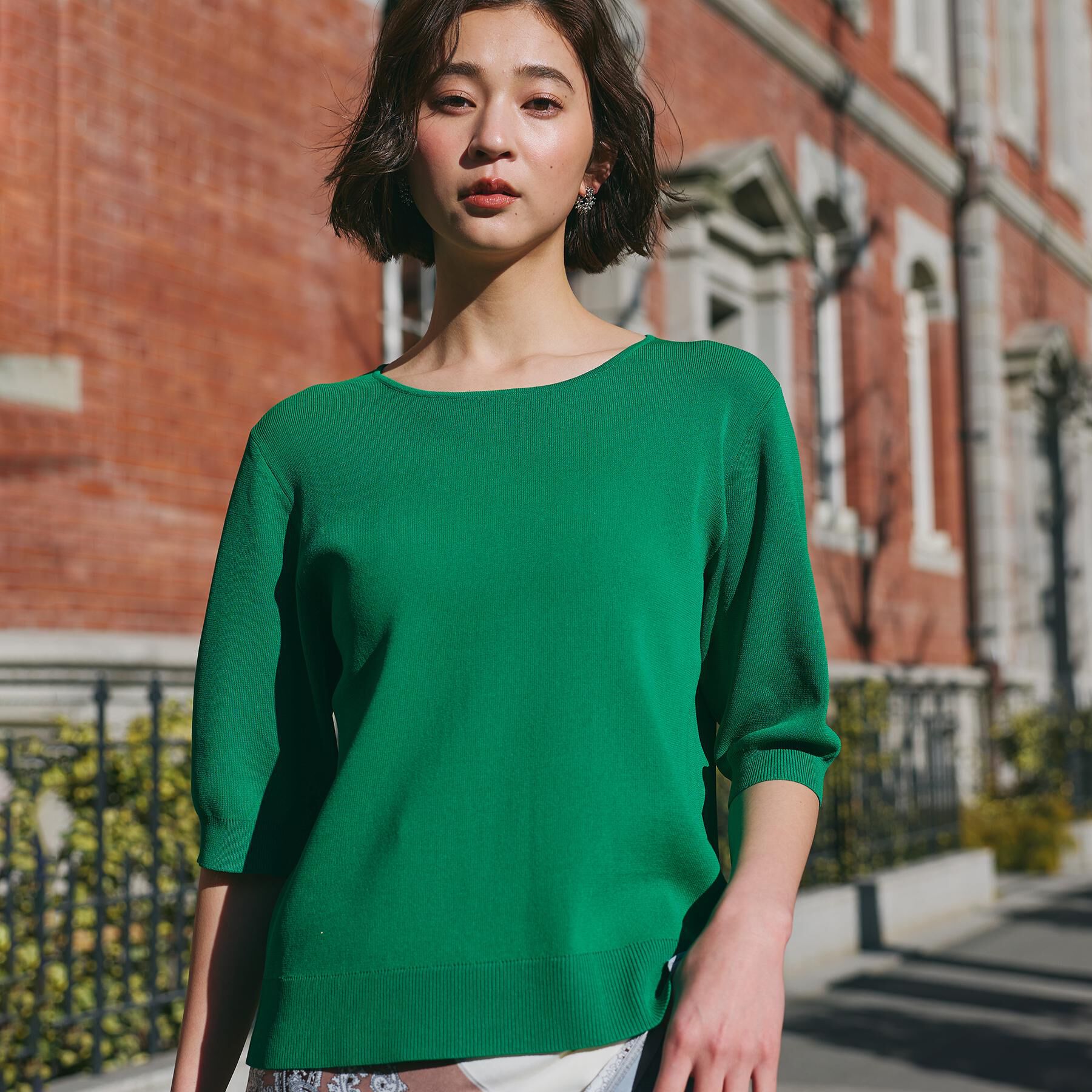 THE SHOP TK「【S-XL/ひんやりタッチ】美しさ際立つ 6分袖ニット 洗濯機OK/UVケア/毛玉になりにくい」|ニット・セーター|グリーン(022)