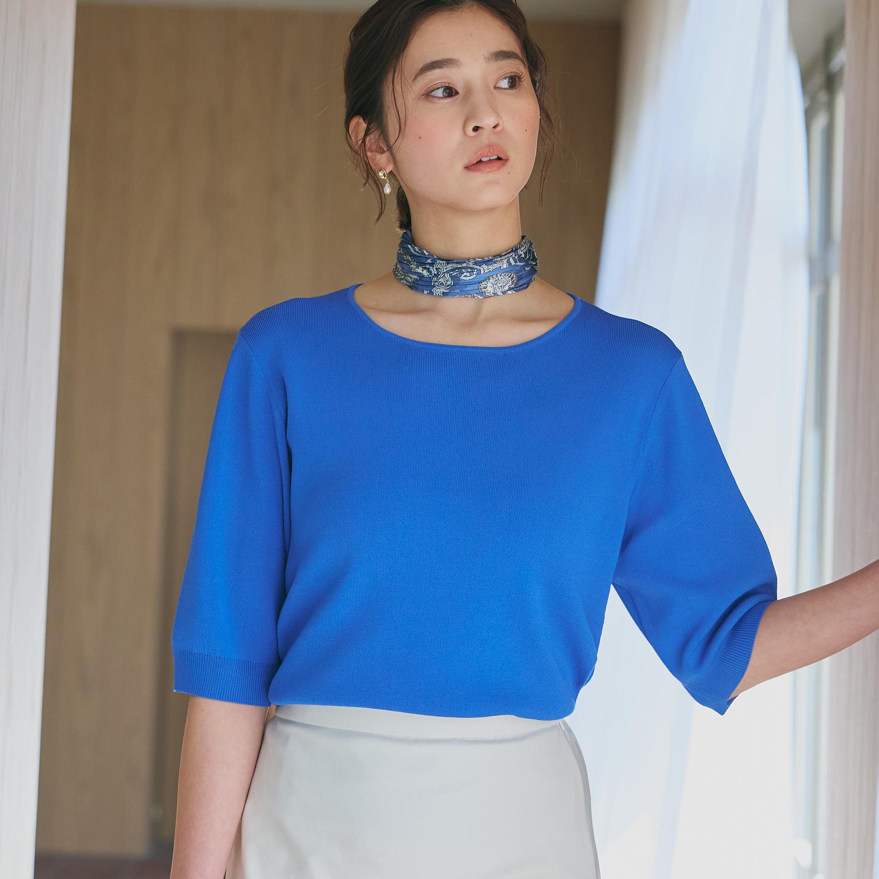 THE SHOP TK「【S-XL/ひんやりタッチ】美しさ際立つ 6分袖ニット 洗濯機OK/UVケア/毛玉になりにくい」|ニット・セーター|ブルー(092)