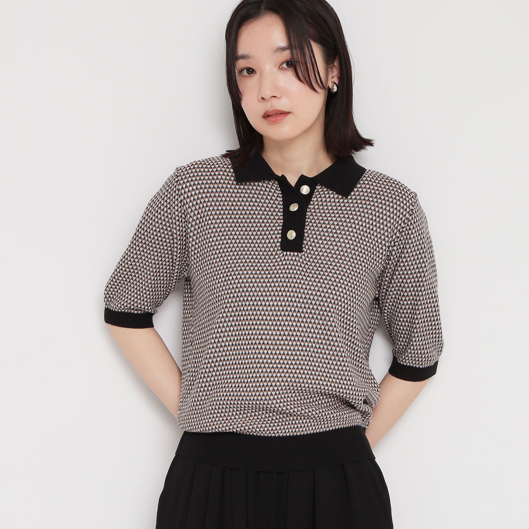 THE SHOP TK「【さらさらタッチ】ジャカードポロニット」|ニット・セーター|ブラック(119)