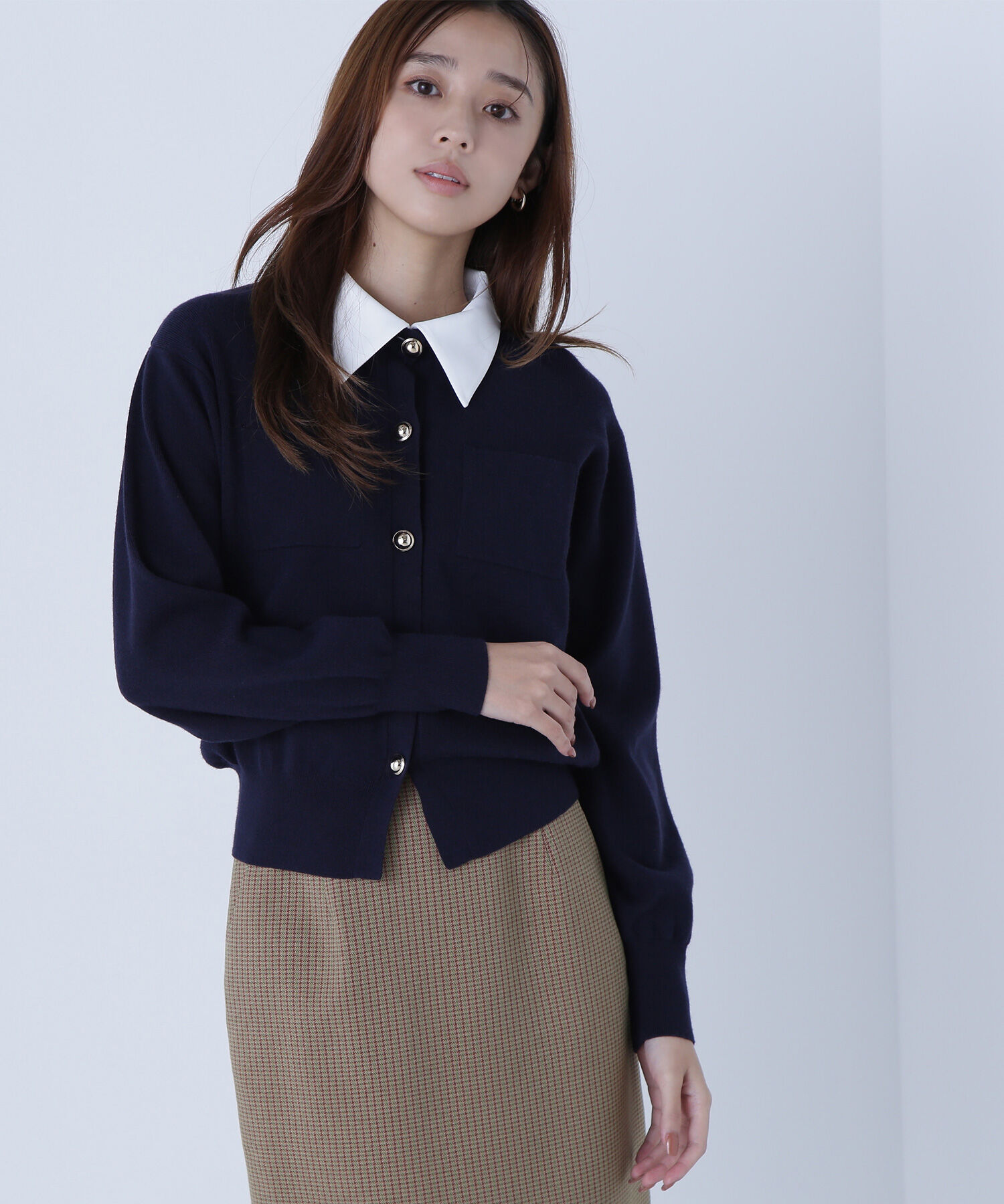  「2wayカラーニットジャケット」|ニット・セーター|ネイビー