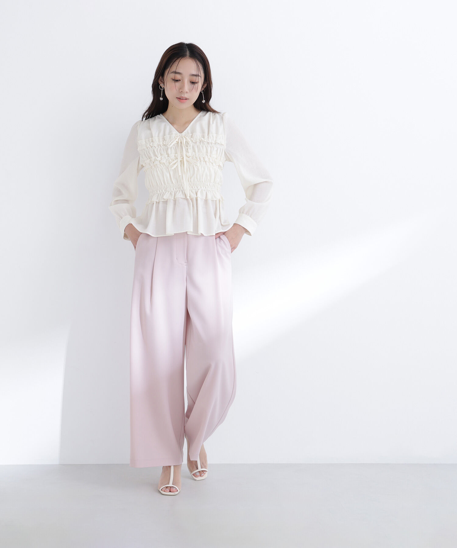  「フロントリボンペプラム楊柳ブラウス」|シャツ・ブラウス|