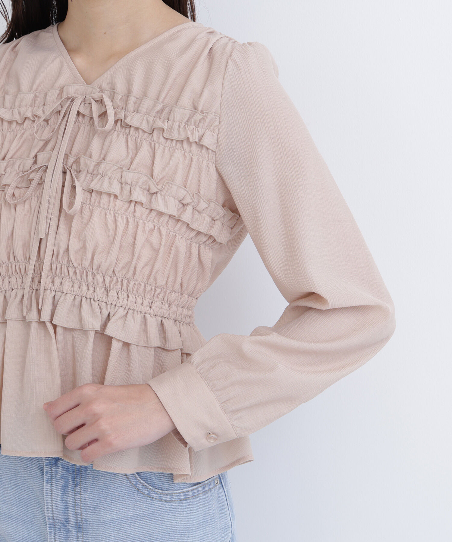  「フロントリボンペプラム楊柳ブラウス」|シャツ・ブラウス|