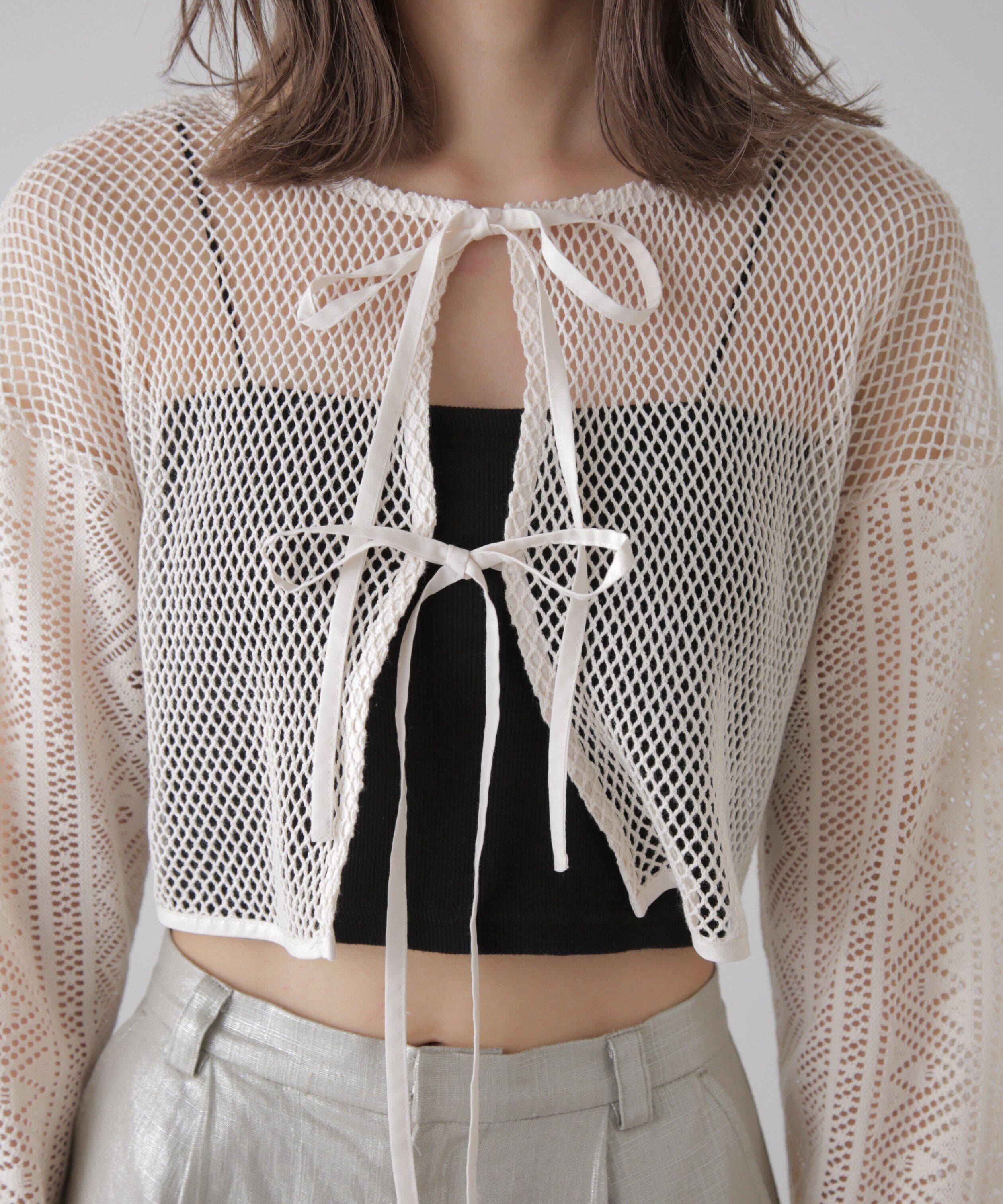  「前後2wayダブルリボンメッシュカーディガン」|シャツ・ブラウス|