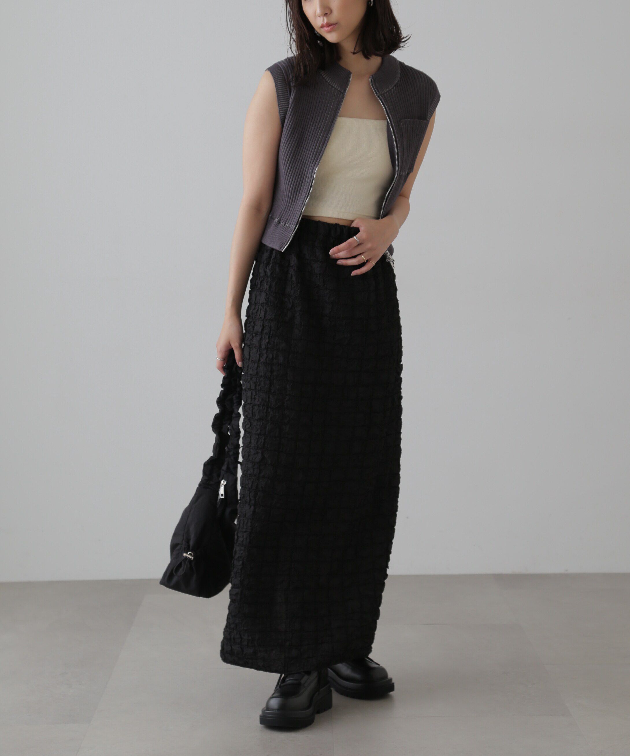  「バイカースタンド配色リブニットベスト」|ニット・セーター|